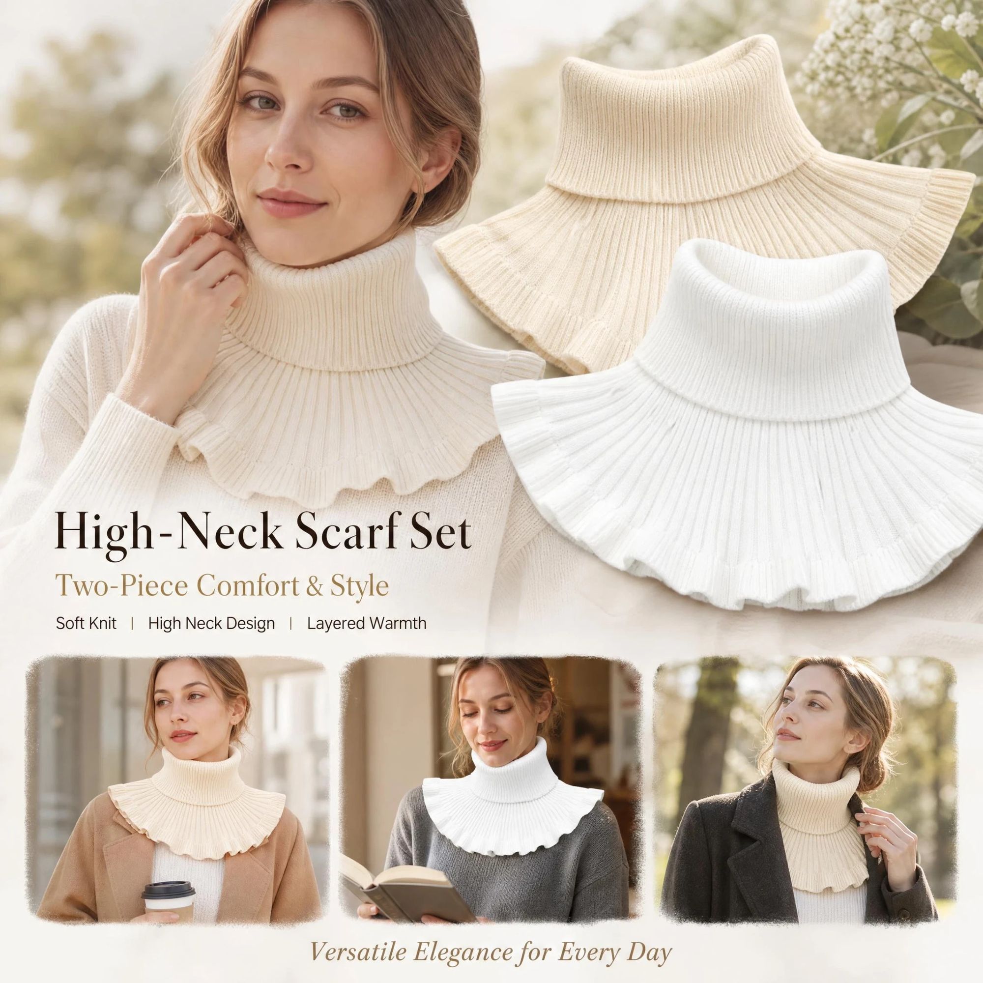 2-Pack White & Off White thick knit neck wrap two-piece pack