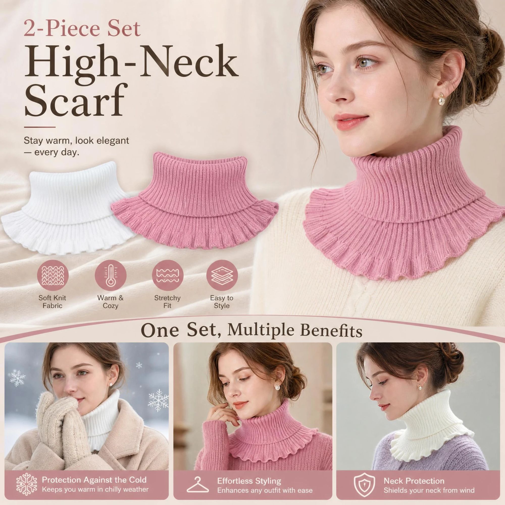 2-Pack White & Pink thick mock neck warmers