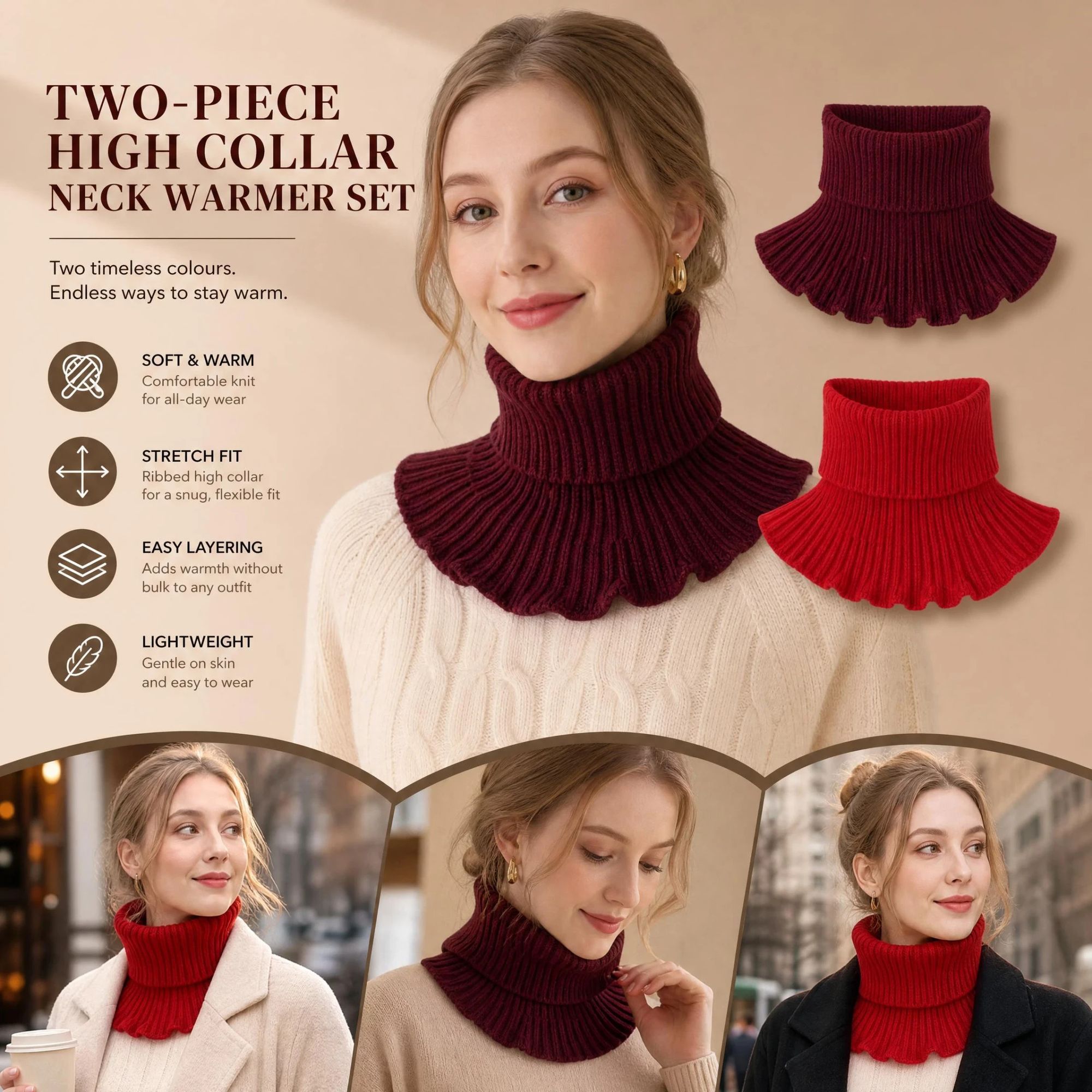 2-Pack Wine Red & Bright Red thick knitted snood combo