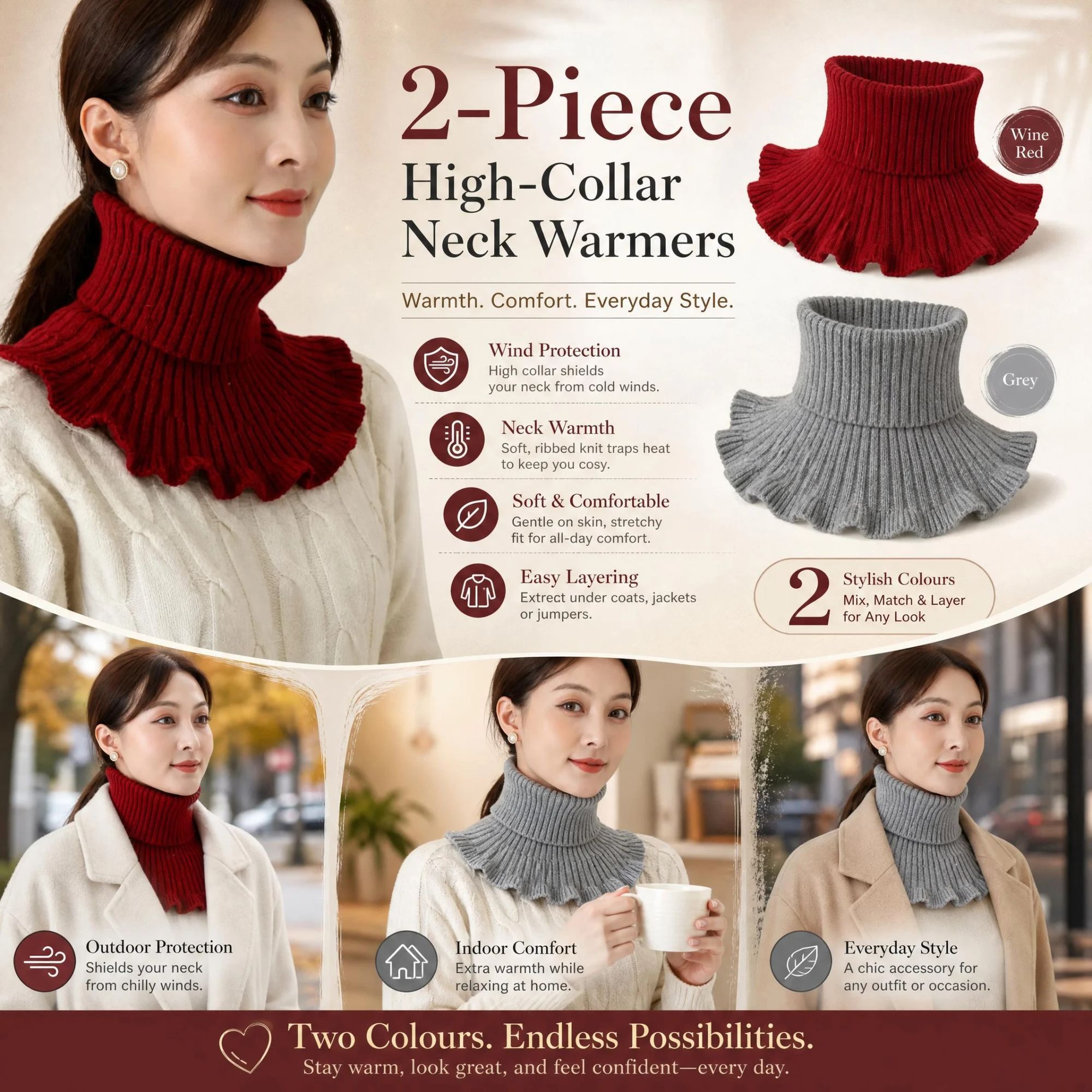 2-Pack Wine Red & Grey thick thermal neck tube set