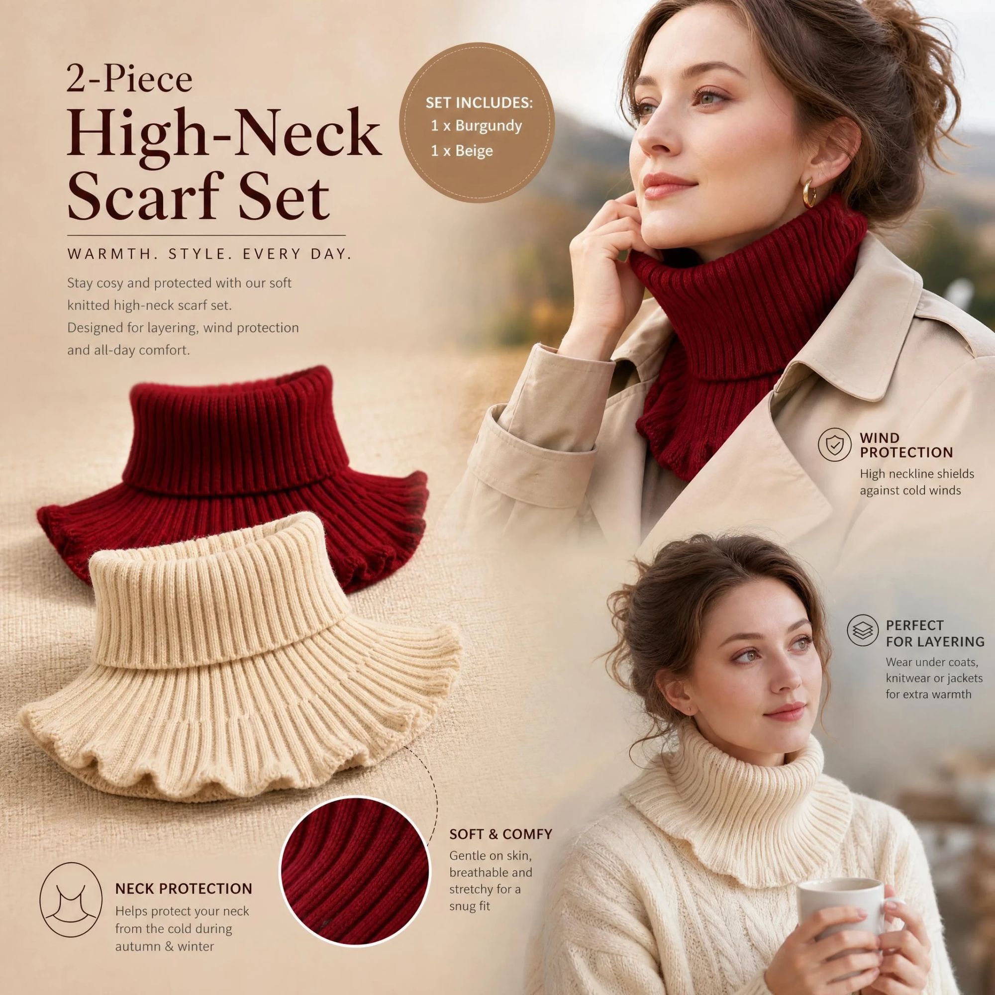 2-Pack Wine Red & Off White thick knit neck protector twin pack