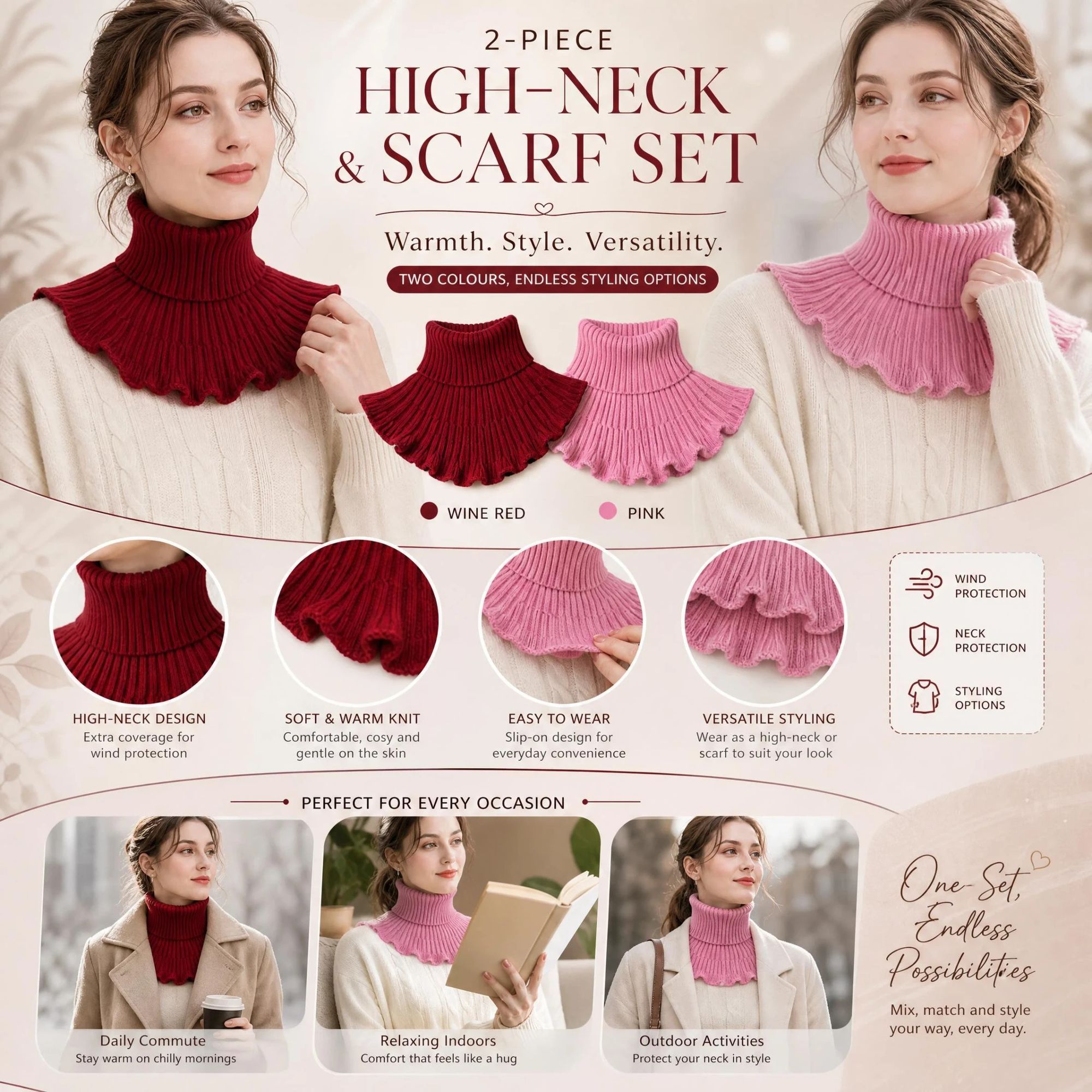 2-Pack Wine Red & Pink thick mock collar warmers