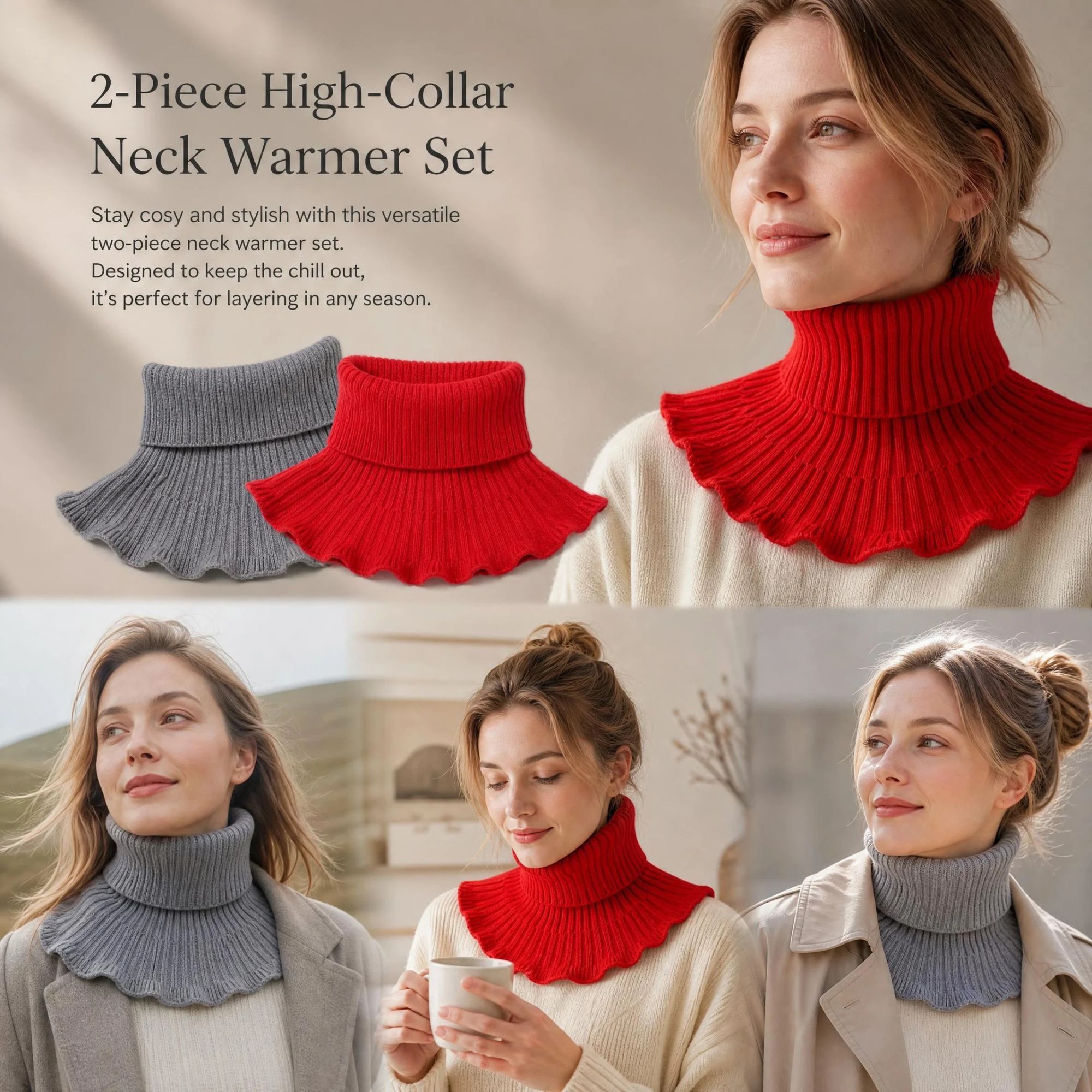 2-Pack Bright Red & Grey thick knitted neck wrap set