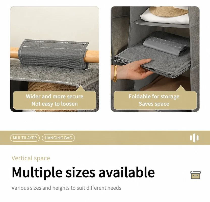 Cotton Linen Multi-Tier Hanging Garment Caddy, 5 Tier, Grey, Tidy Closet Layout view 3