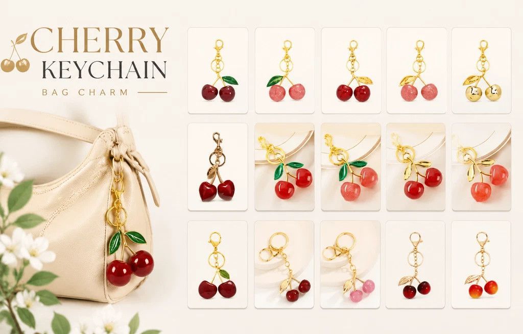 Smooth solid golden cherry keychain bag charm view 4