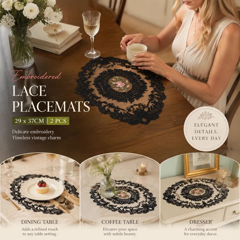 Simple Stitched Vintage Edge Dining Mat Pack, Black, Size M 29*37CM, 2 Pcs — image 1