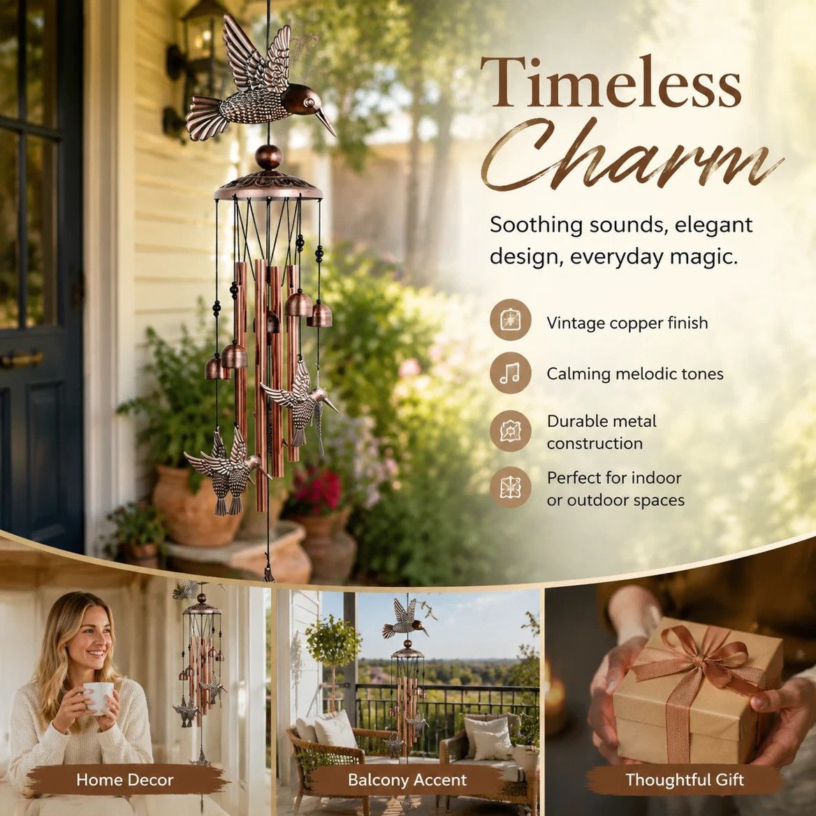 Antique Iron Hummingbird Wind Spinner Chime — image 1