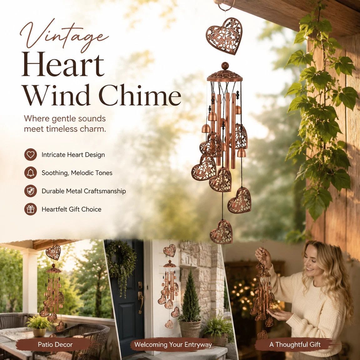 Antique Hollow Iron Heart Wind Chime — image 1