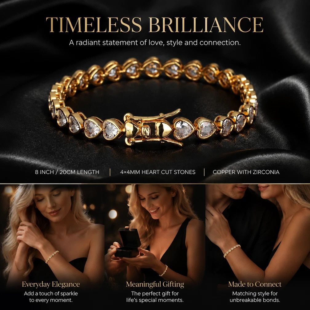 4*4mm Heart Packed Tennis Link Bracelet