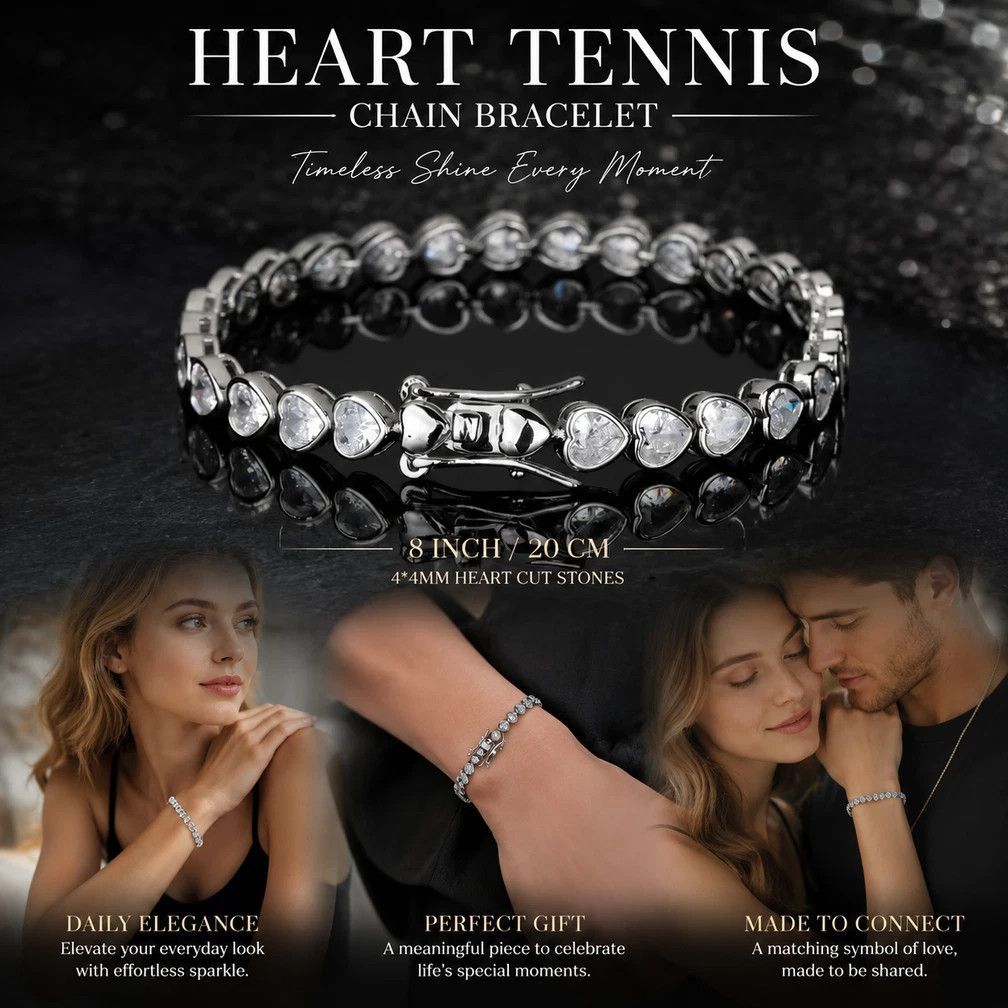 4*4mm Heart Encrusted Tennis Chain Wristband
