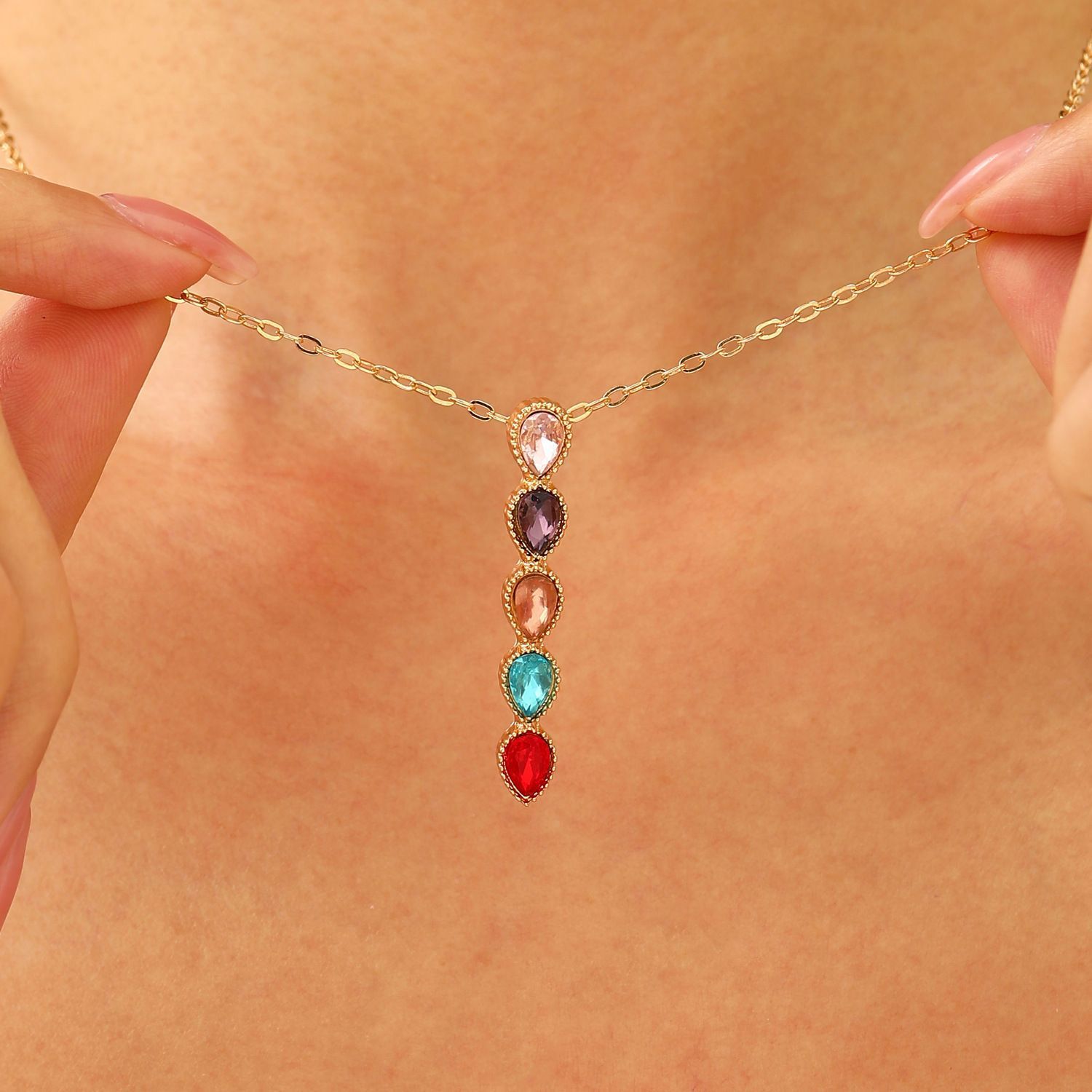 Oval Time Gem Glass Alloy Pendant Necklace