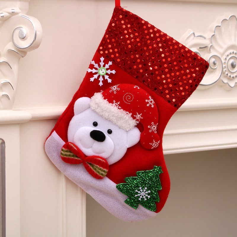 Medium Sequin Bear Christmas Stocking, Sparkly Holiday Tree Decor Pouch, 25*19cm — image 1