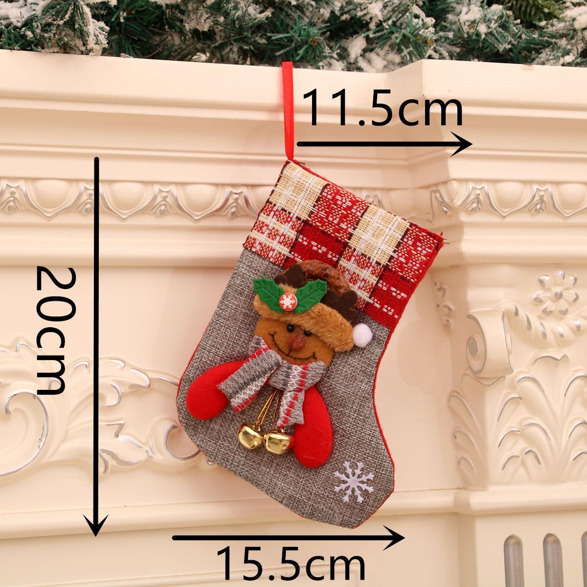 Burlap Bell Reindeer Christmas Stocking, Farmhouse Style Xmas Decor Pouch, 20*15cm — image 1