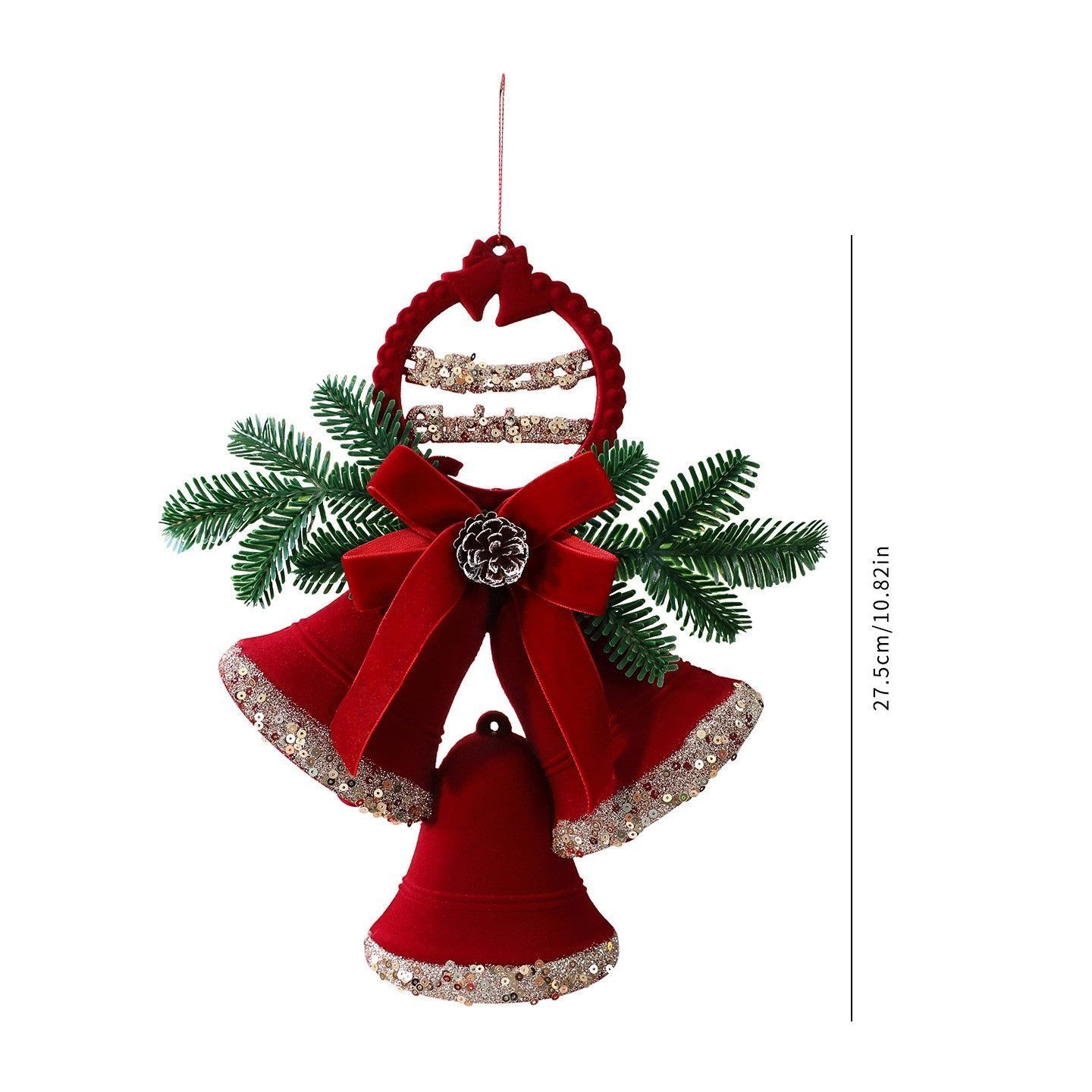 Double Ring Flocked Bell Christmas Ornament, Xmas Party Scene Hanging Accessory — image 1