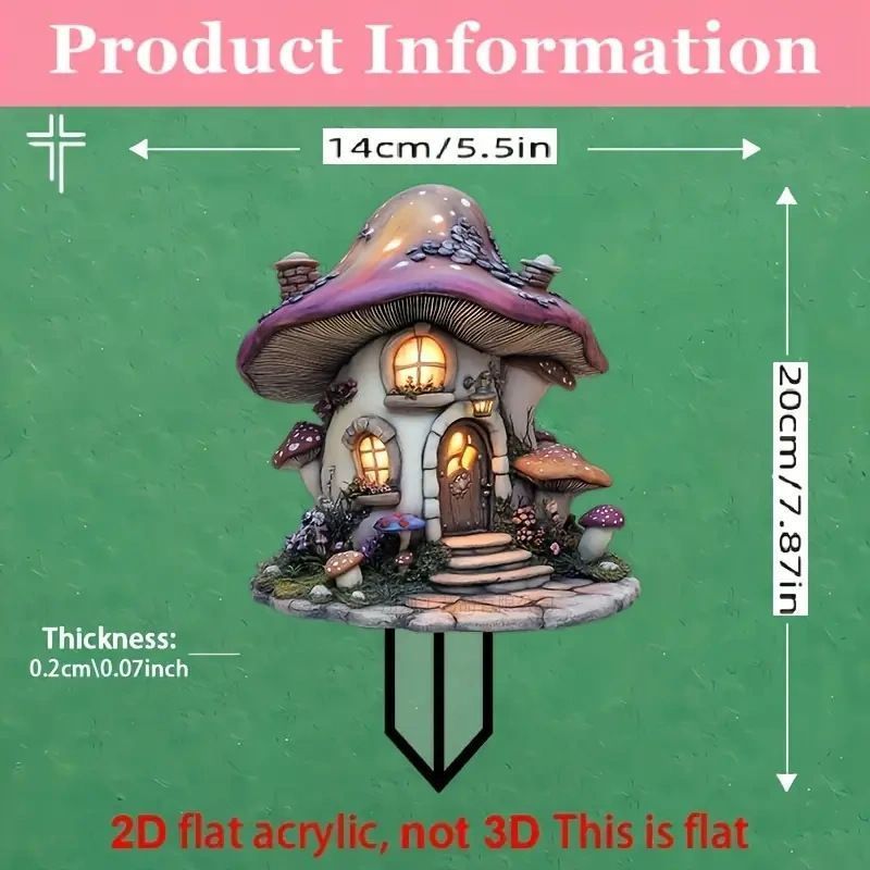 2D Acrylic Mushroom Fairy House Plant Stake — image 1
