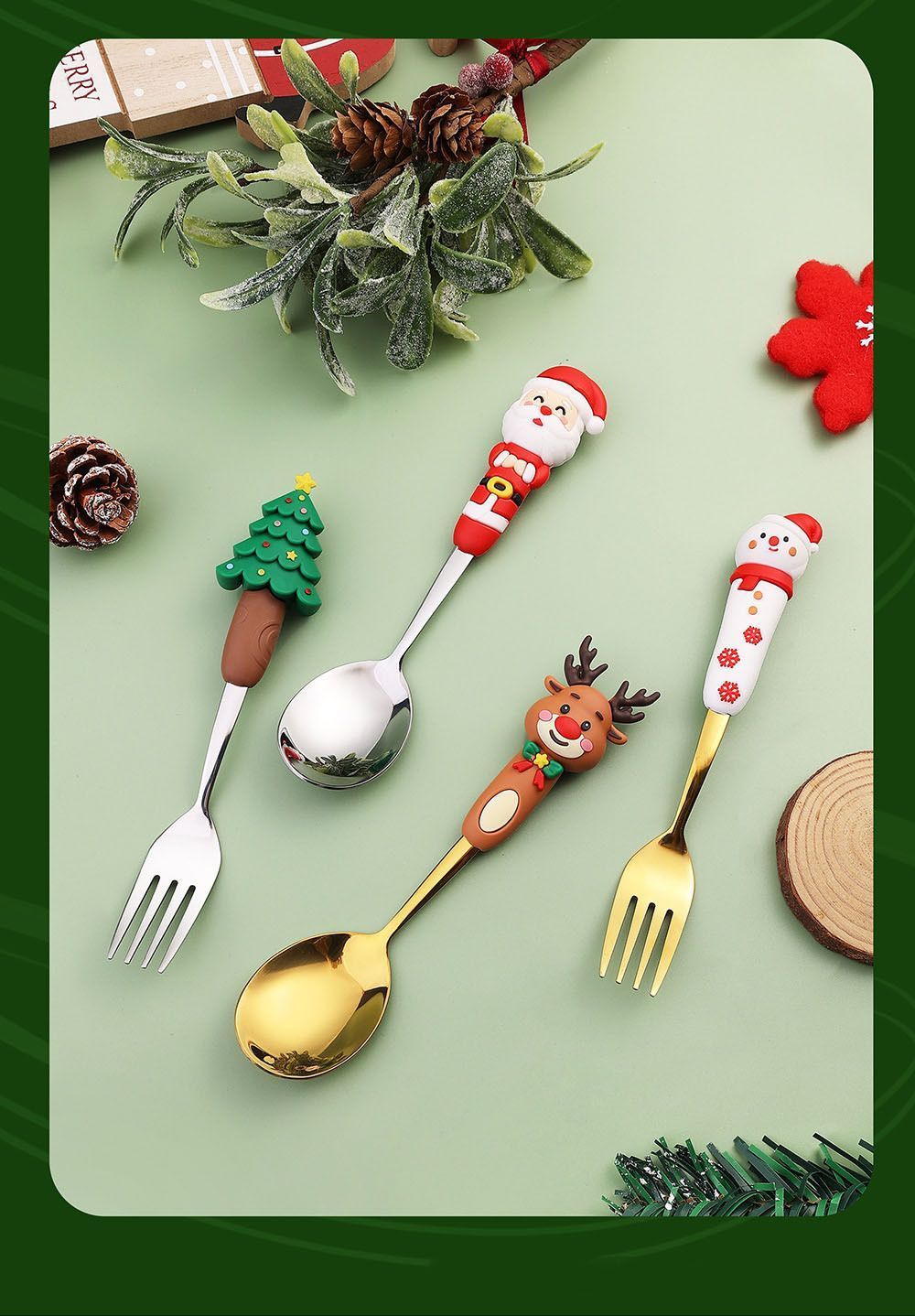 4 Pieces Large Silver Cartoon Christmas Stainless Steel Spoon Fork Kit Style B view 4