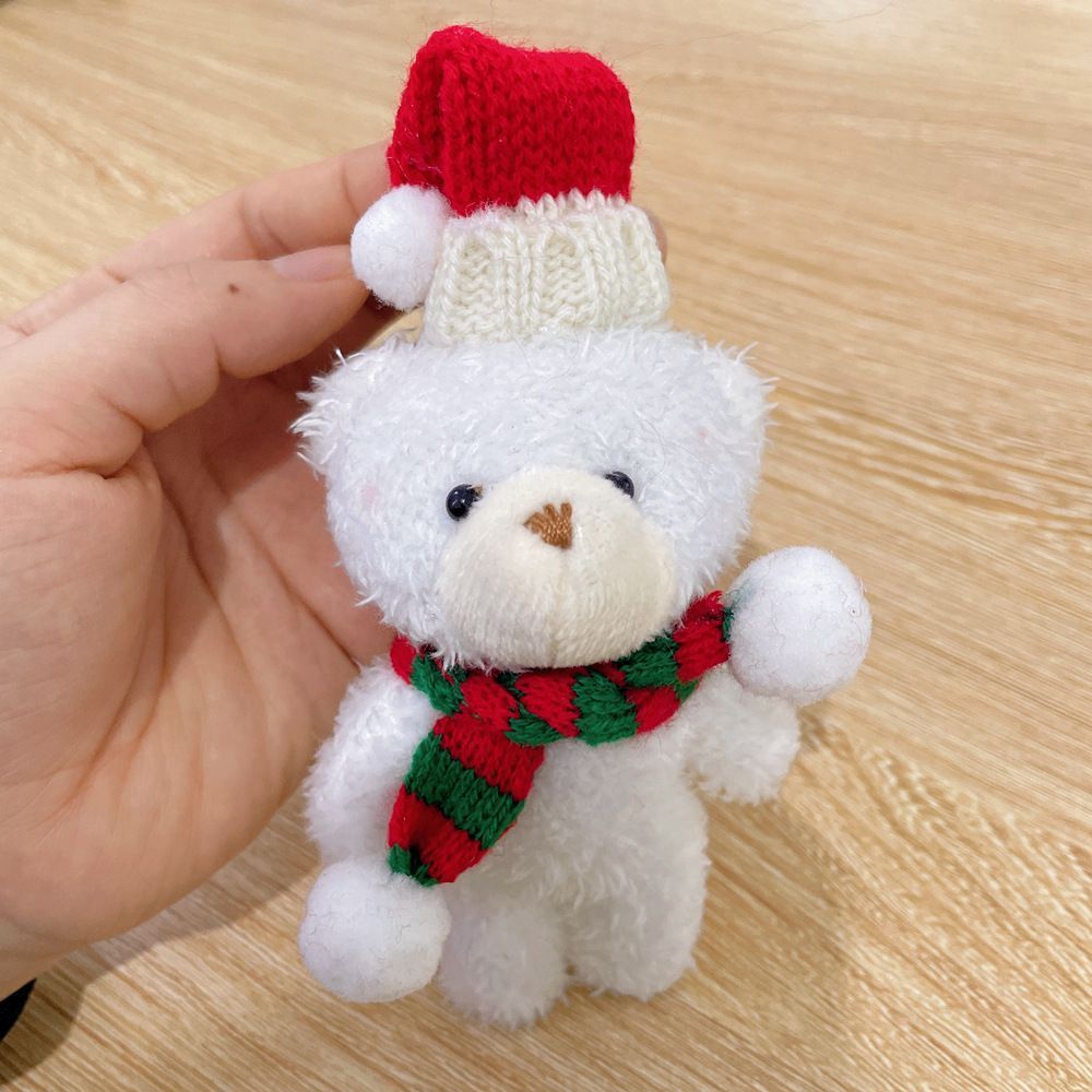 White Fluffy Christmas Bear with Green Dome Hat and Red & White Scarf view 7