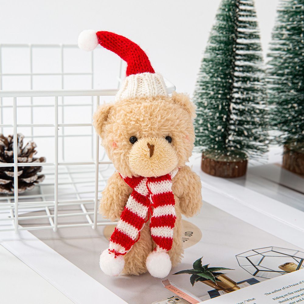 Brown Curly Christmas Bear with Pointed Hat and Red & White Scarf — image 1