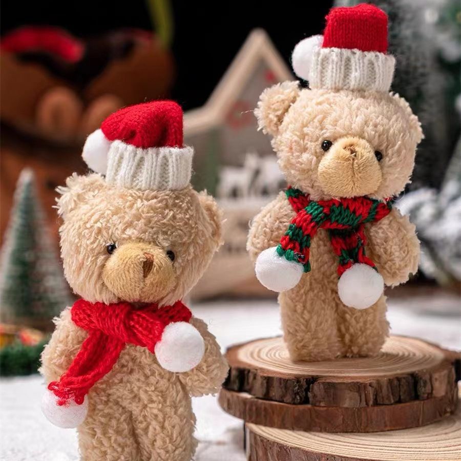 Brown Curly Christmas Bear with Pointed Hat and Red & White Scarf view 4