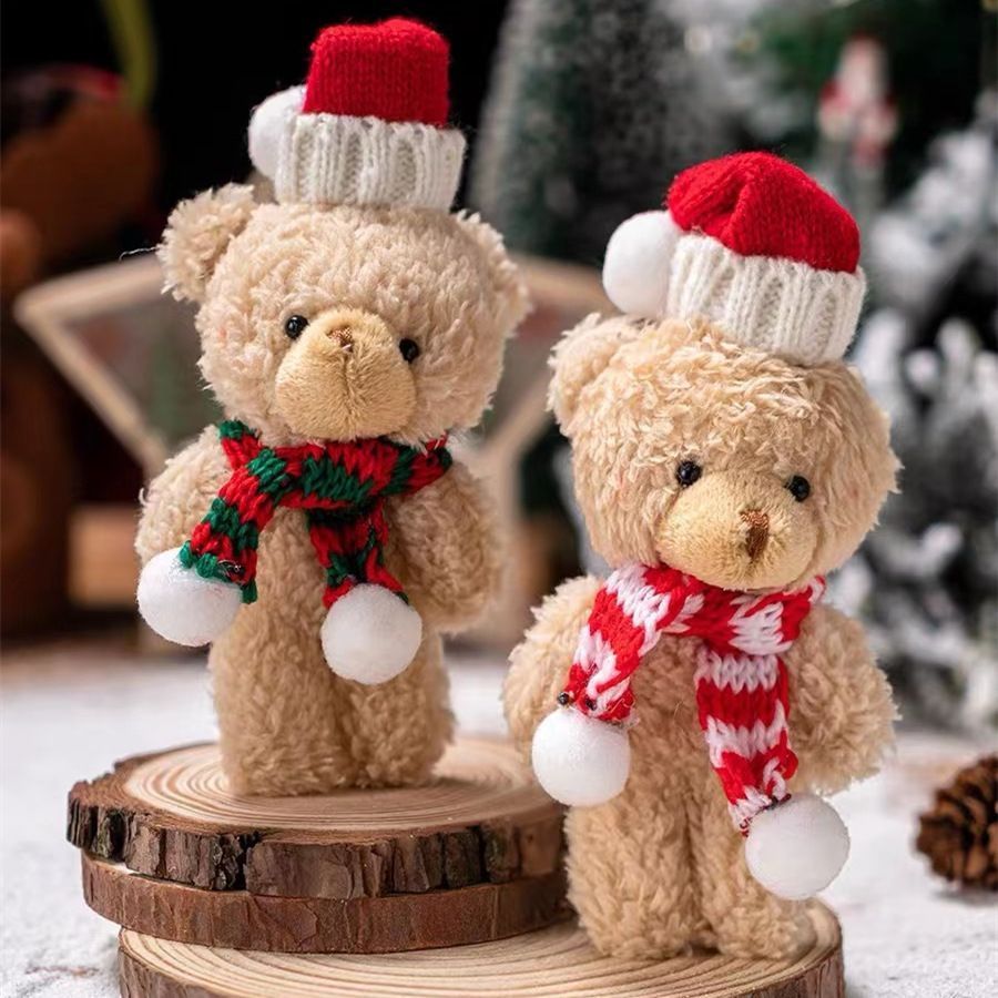 Brown Fluffy Christmas Bear with Pointed Hat and Red Scarf view 3