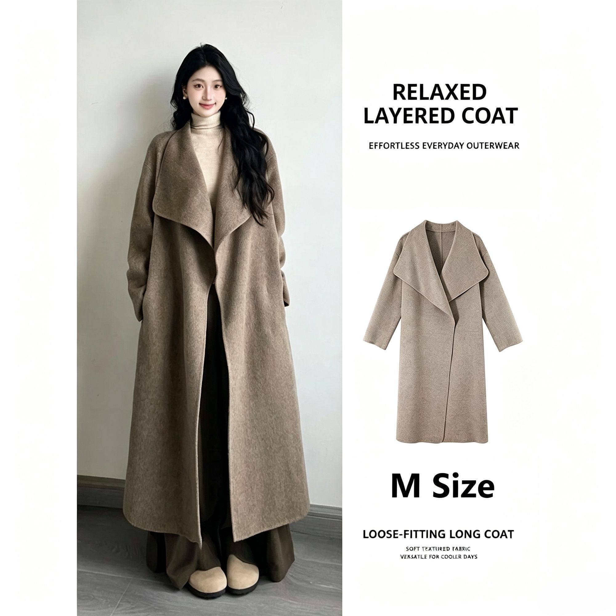 Loose‑fit Big Lapel Woolen Overcoat for Women