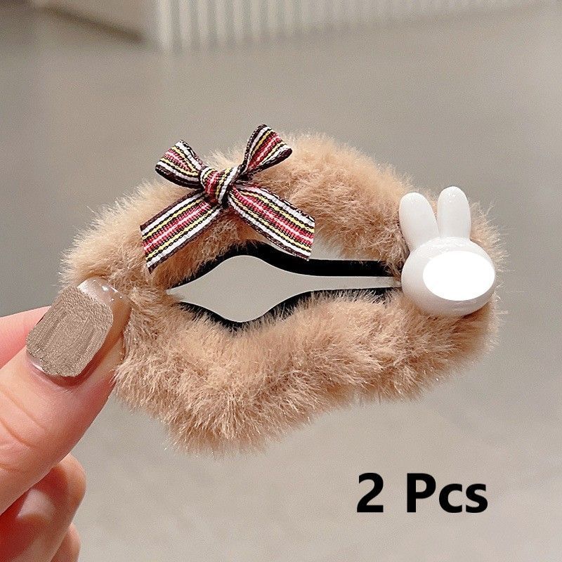 Coffee‑Tone Rabbit Cloud Plush Hair Clips