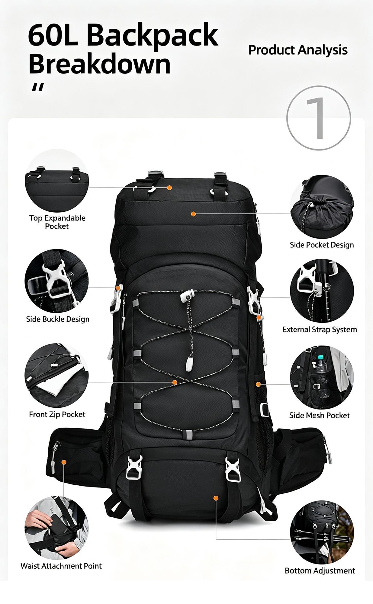 Spacious Nylon Trekking Rucksack 60L Orange view 3