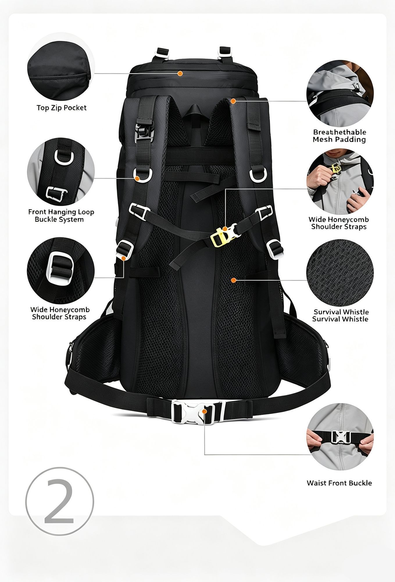 Spacious Nylon Trekking Rucksack 60L Orange view 4