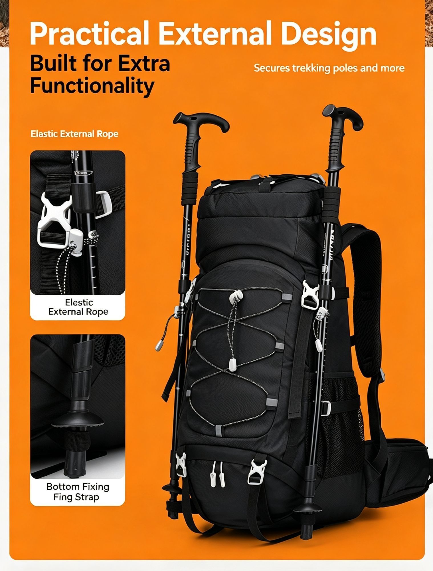 Spacious Nylon Trekking Rucksack 60L Orange view 8