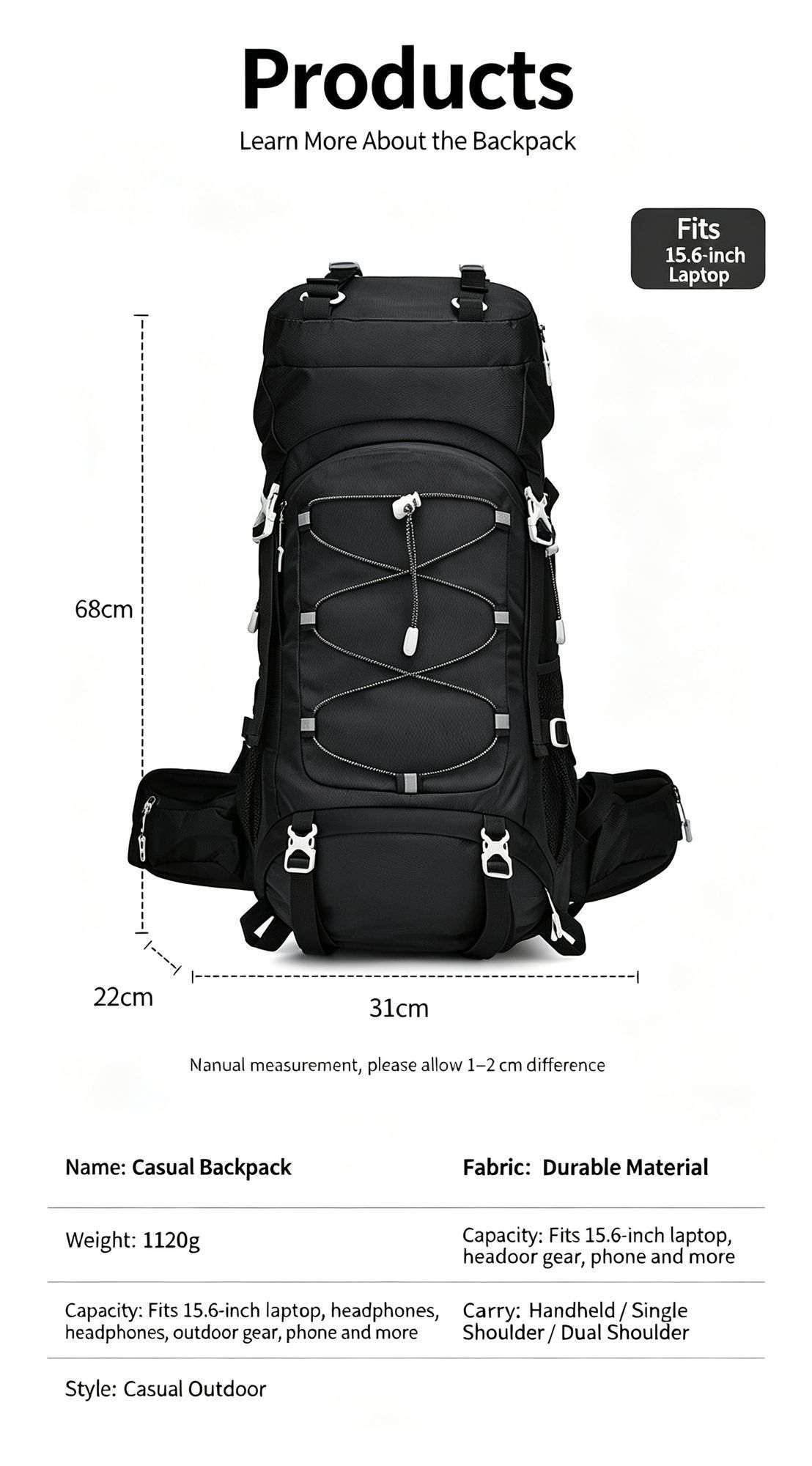 Expandable Travel Hiking Backpack 60L Lake Blue view 15