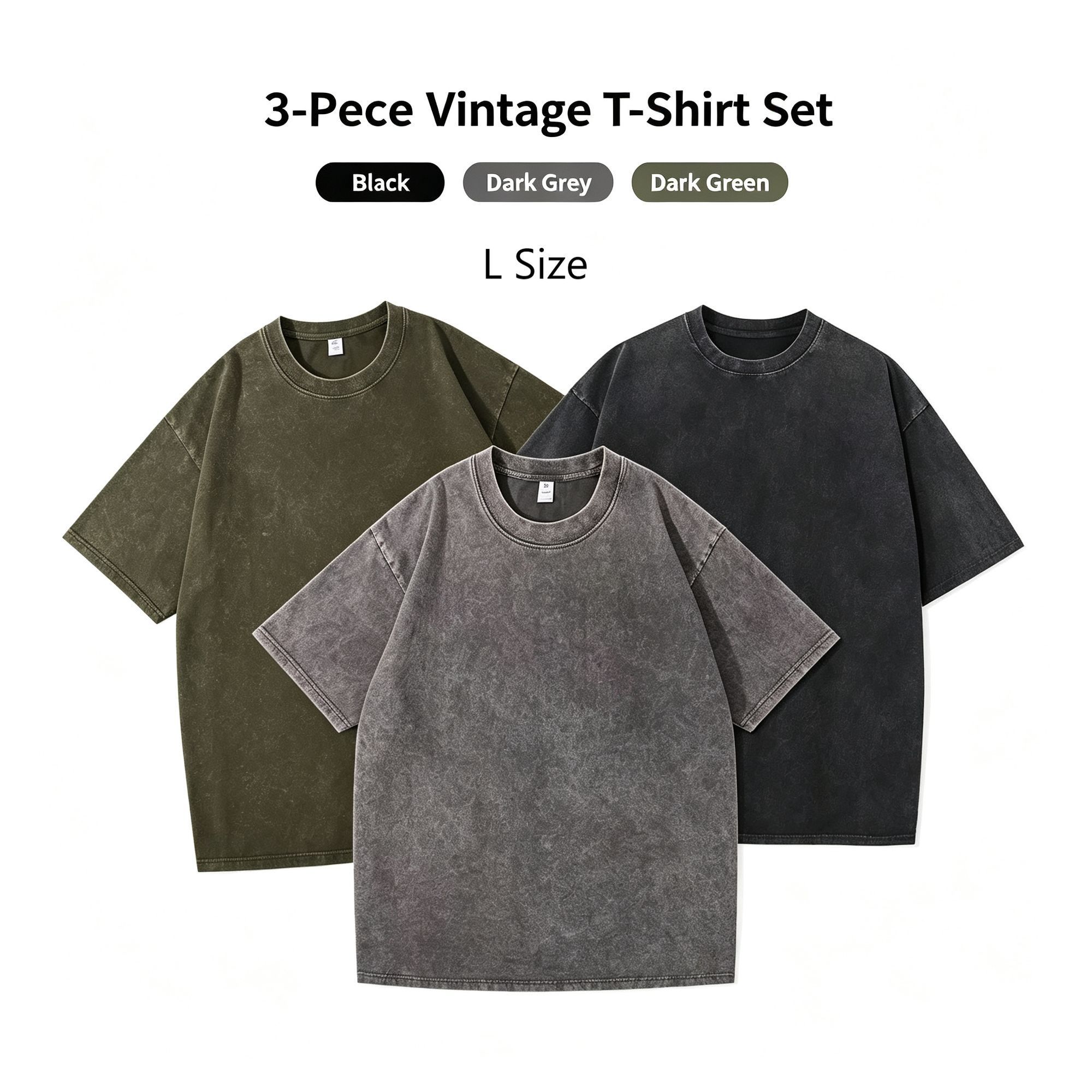 3 Pack 230gsm Heavyweight Washed Vintage Cotton T‑Shirt Unisex Tops Wonderful