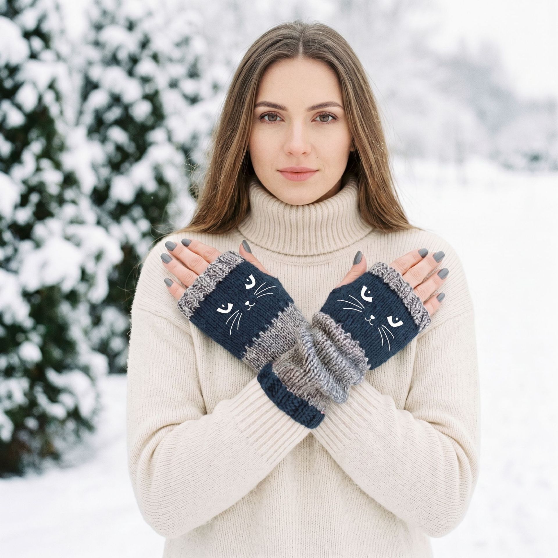Soft Knit Spliced Half‑Finger Gloves Warm Hand Palm Protective Daily Mittens 2 view 2