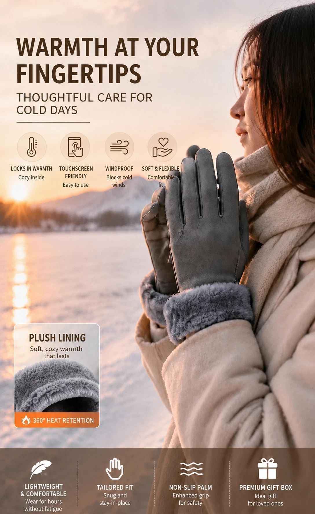 Grey Fur Cuff Women's Thermal Touch Screen Cycling Gloves view 3