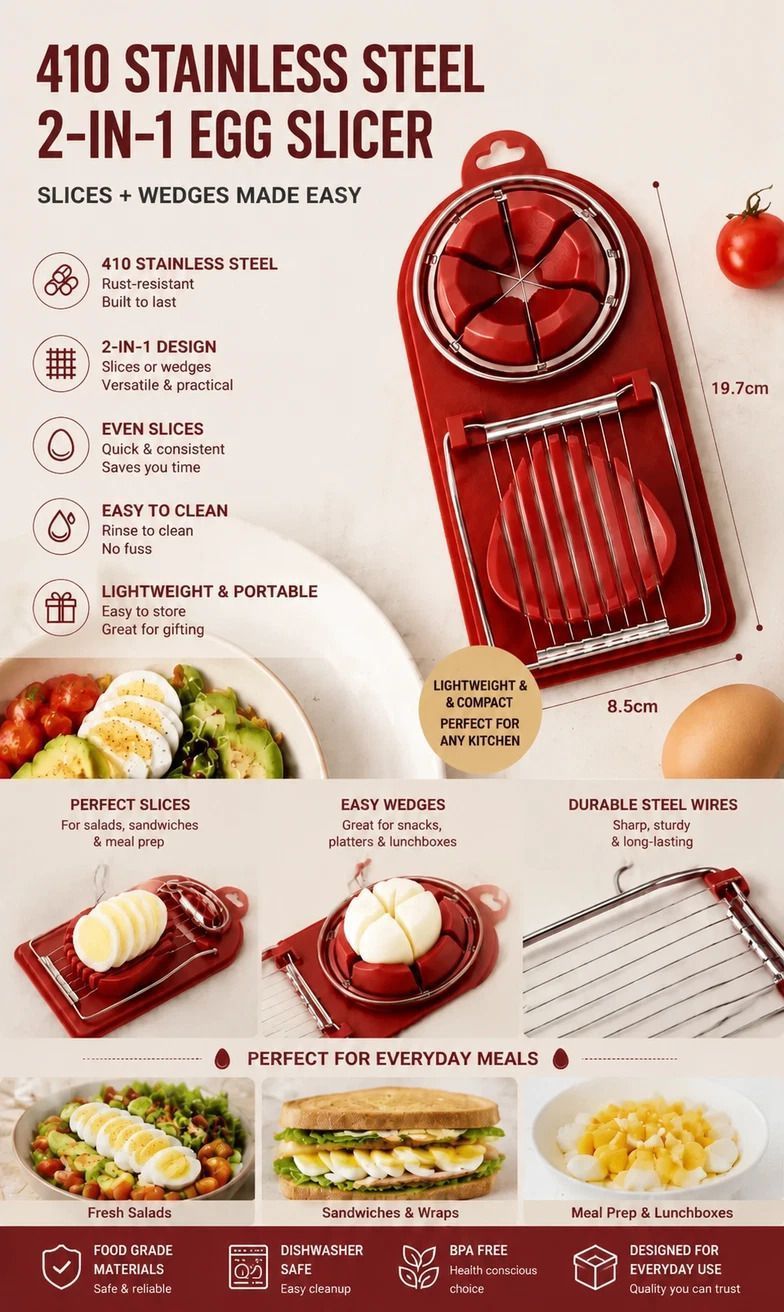 Red 2-in-1 Stainless Steel Egg Slicer Effortless Slicing Perfect for Brunch view 2