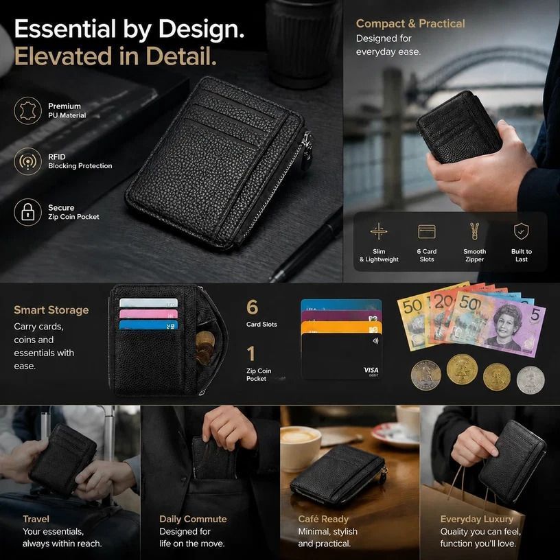 Black Vertical Lychee Grain Zipper Card Holder Large Capacity Multi Card Slots