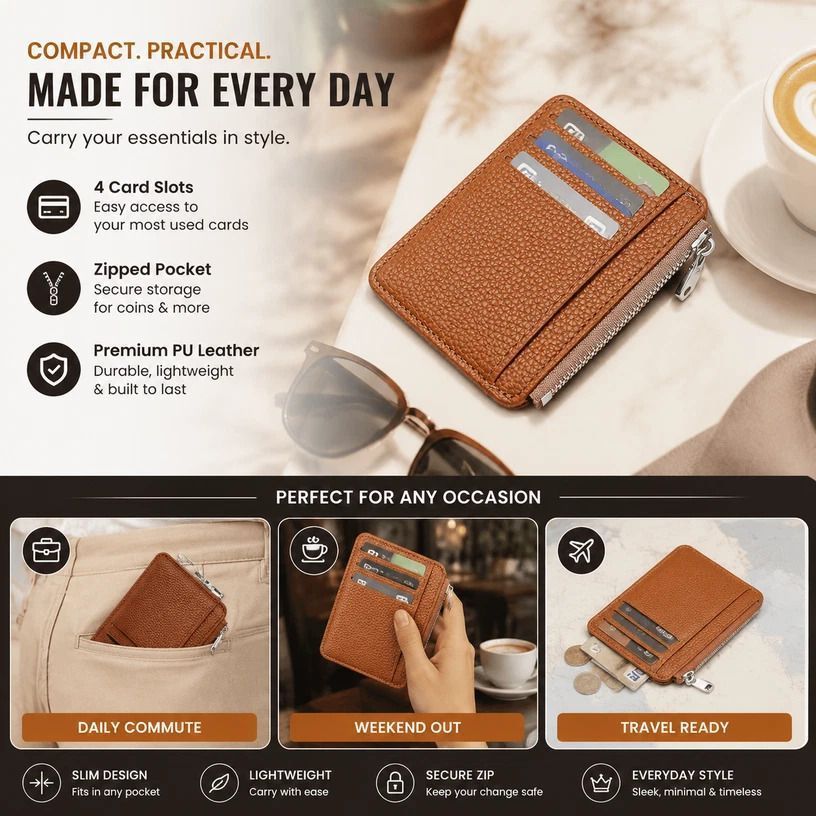 Brown Vertical Casual Card Wallet Lychee Texture Zipper Closure Multi Pocket