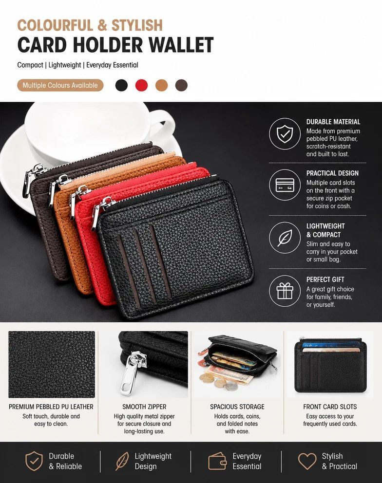 Brown Vertical Casual Card Wallet Lychee Texture Zipper Closure Multi Pocket view 5