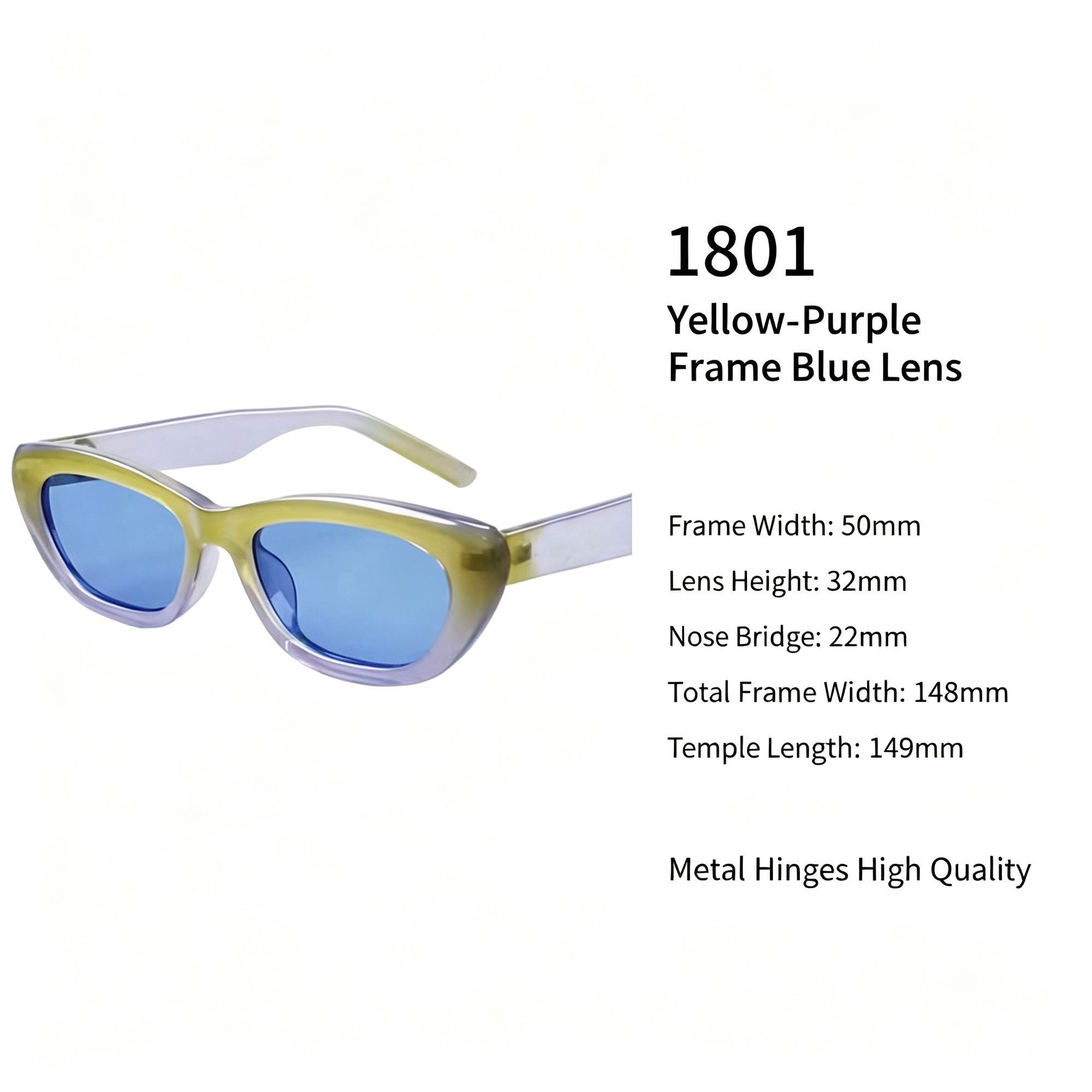 Bold Yellow Purple Frame Blue Lens Cat Eye Sunglasses UV400 Blocking