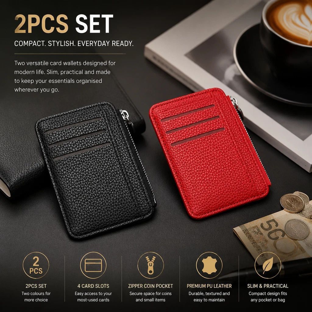 Black & Red Vertical Card Holder 2Pcs Set Lychee Grain Zipper Business &