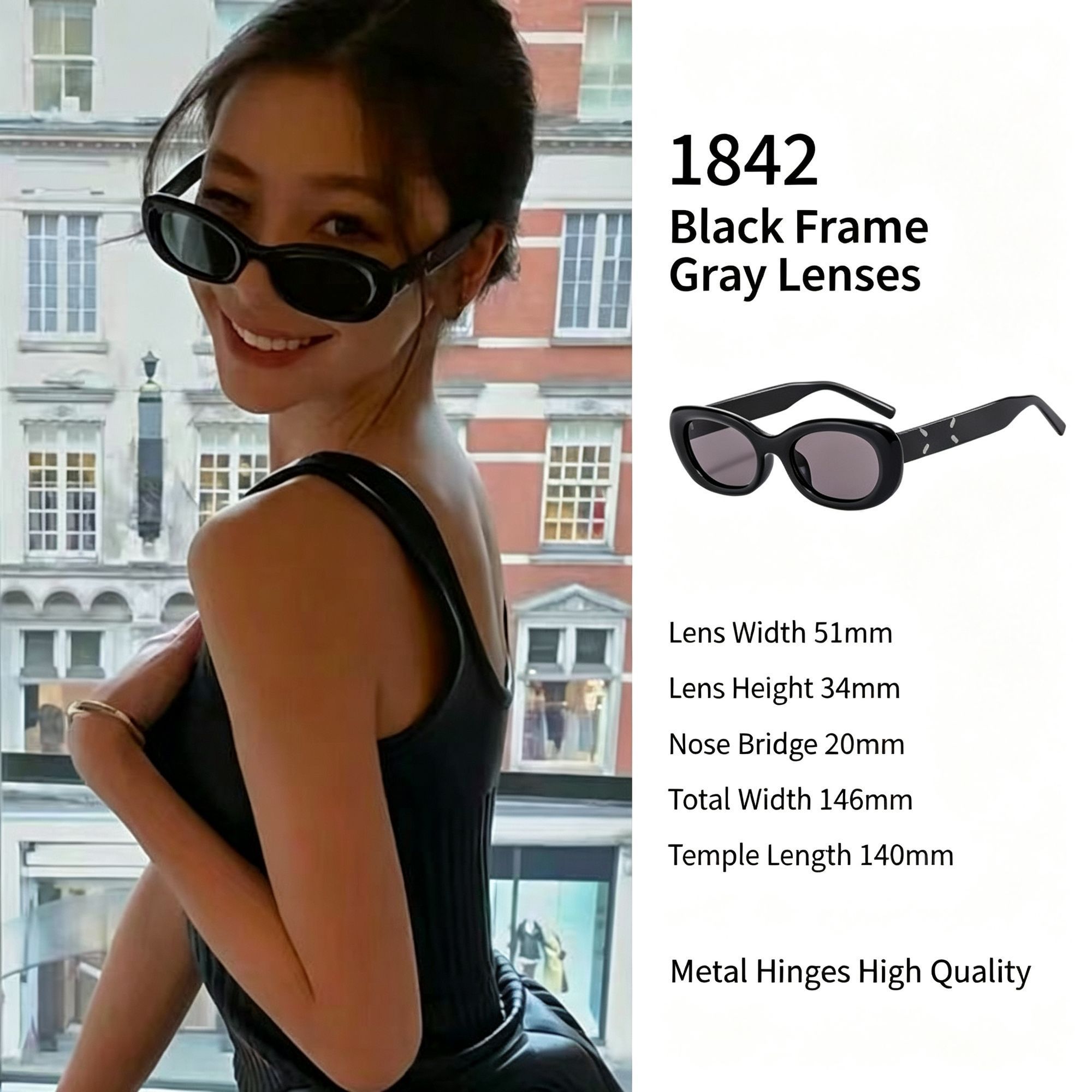 Classic Staple Black Frame Grey Lens Cat Eye Sunglasses UV400