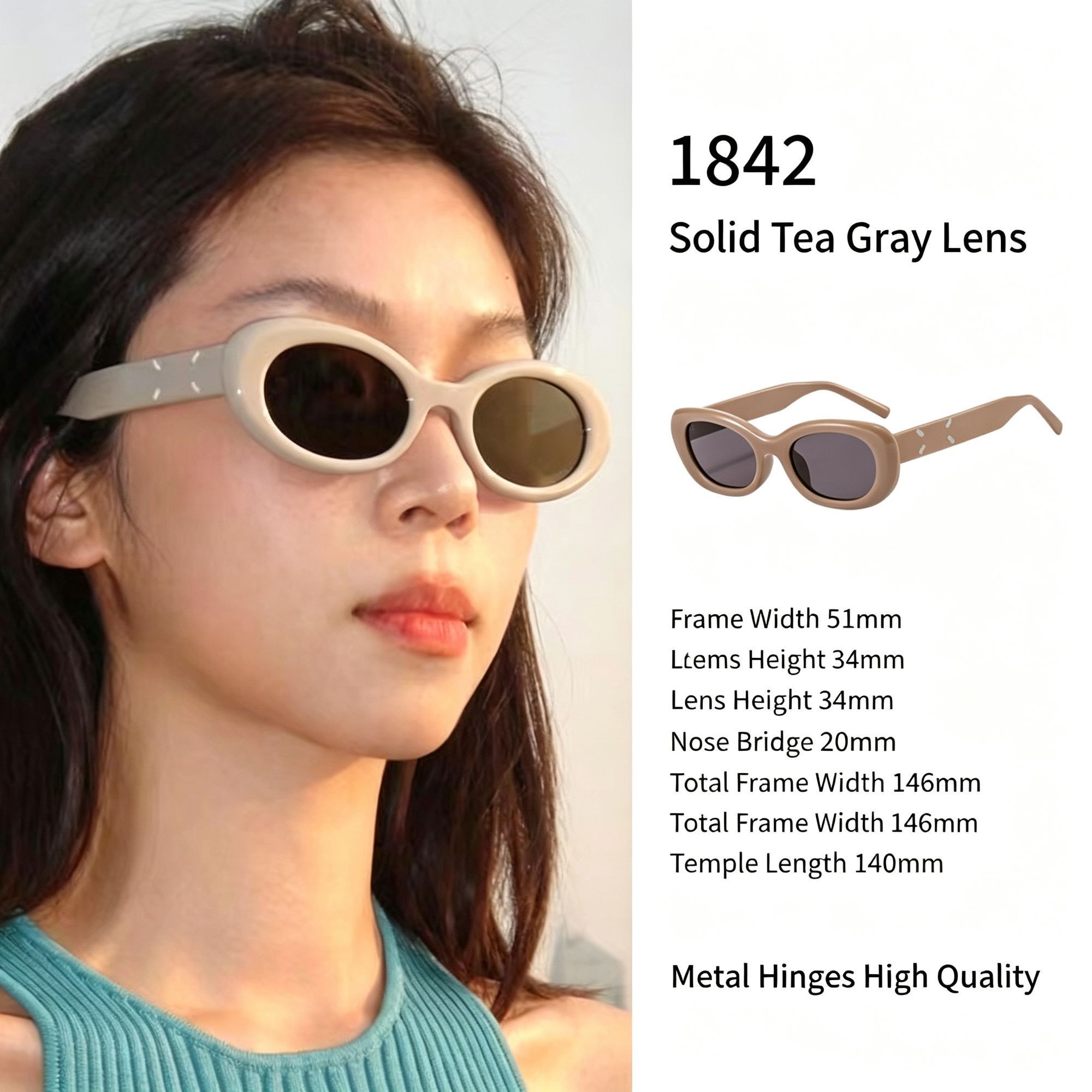 Solid Taupe Grey Lens Cat Eye Sunglasses UV400 Protection