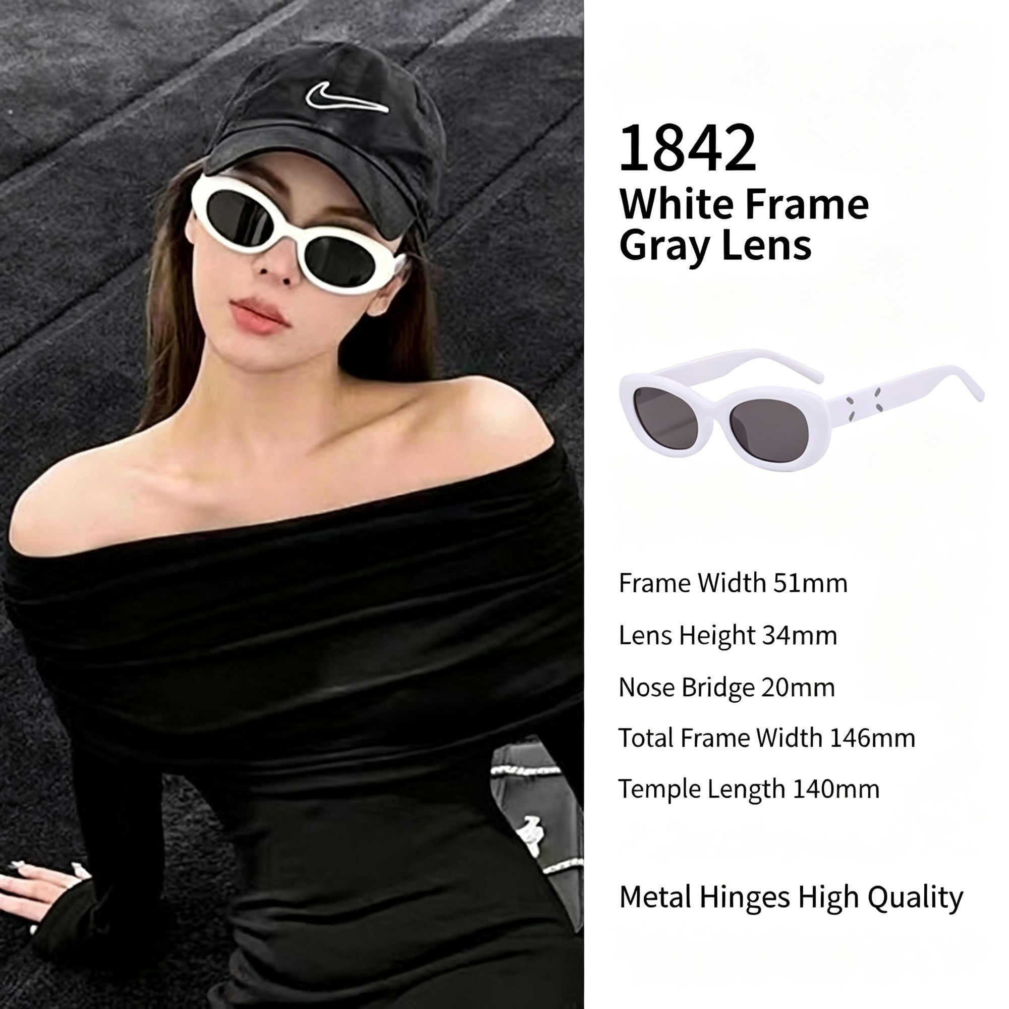 Crisp White Frame Grey Lens Cat Eye Sunglasses UV400 Blocking