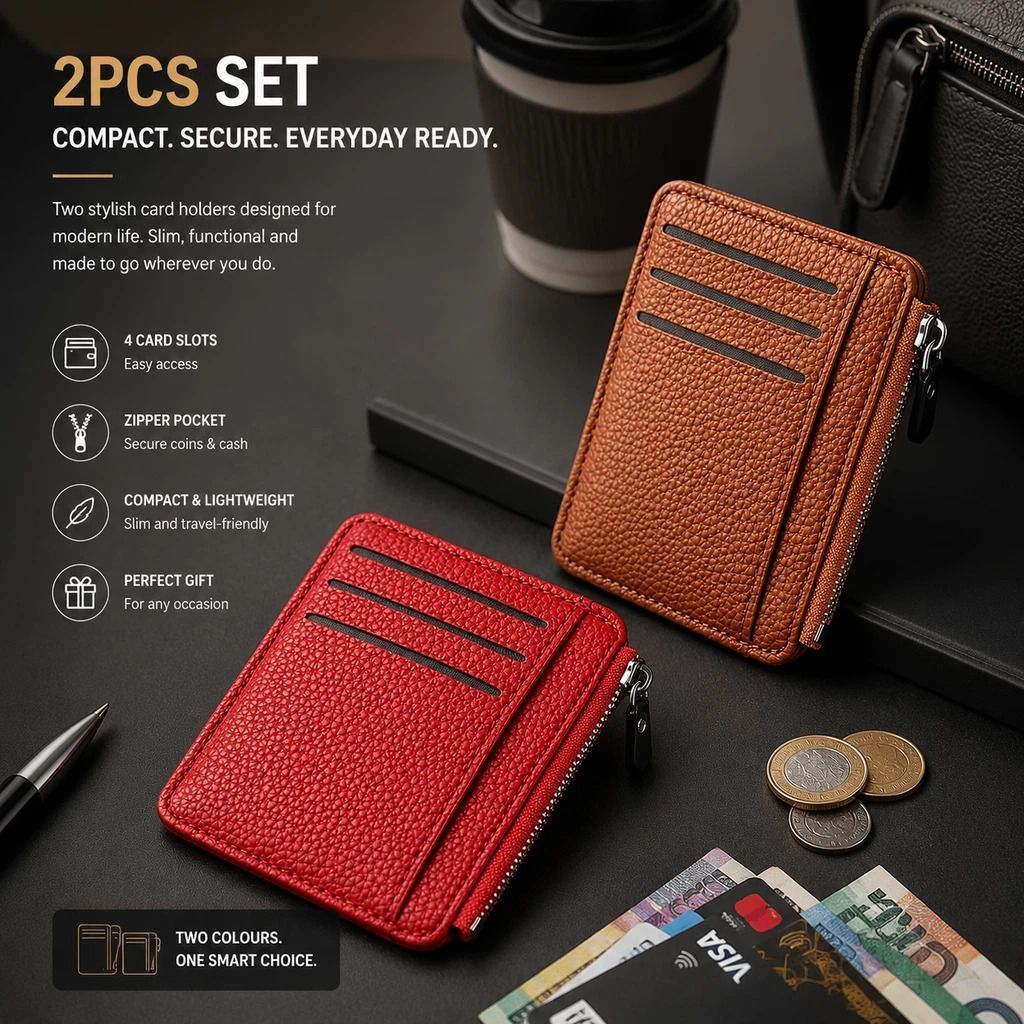 Brown & Red Vertical Card Wallet 2 Pack Lychee Grain Zipper for Travel Outfit