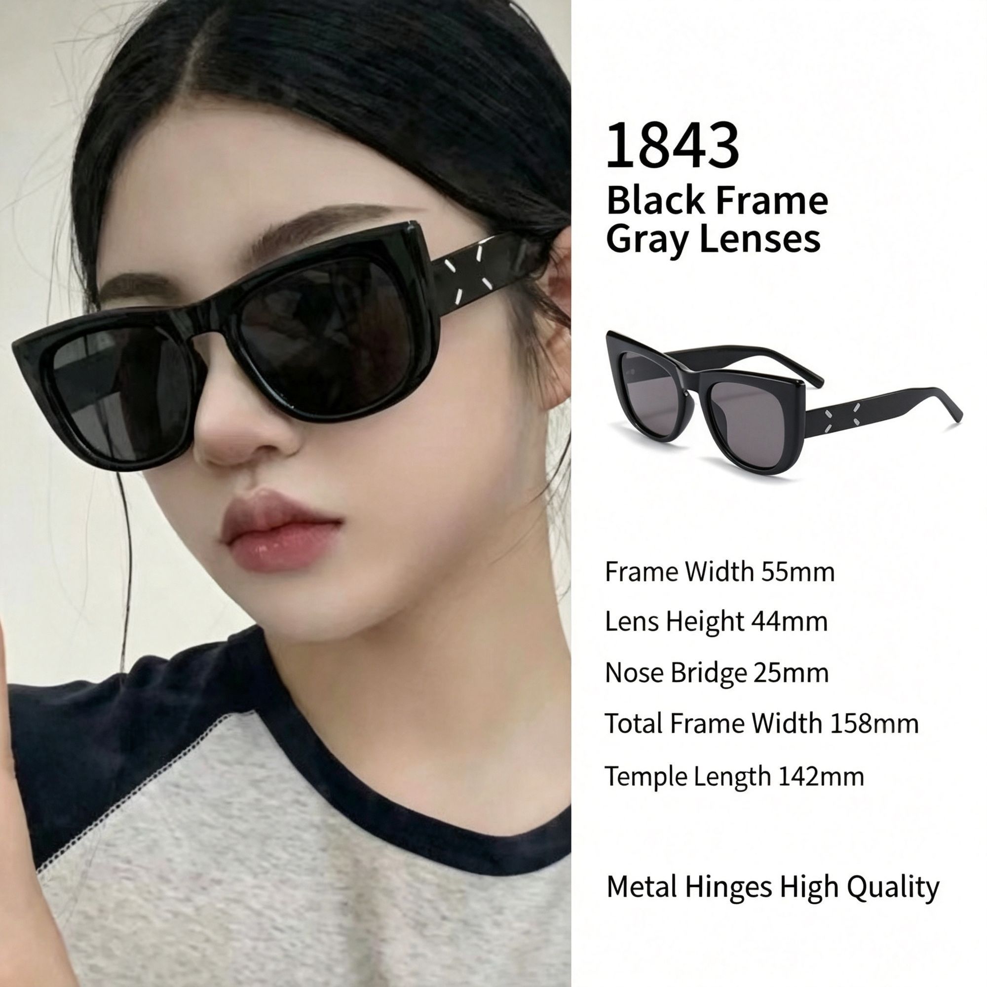 Daily Basic Black Frame Grey Lens Cat Eye Sunglasses UV400