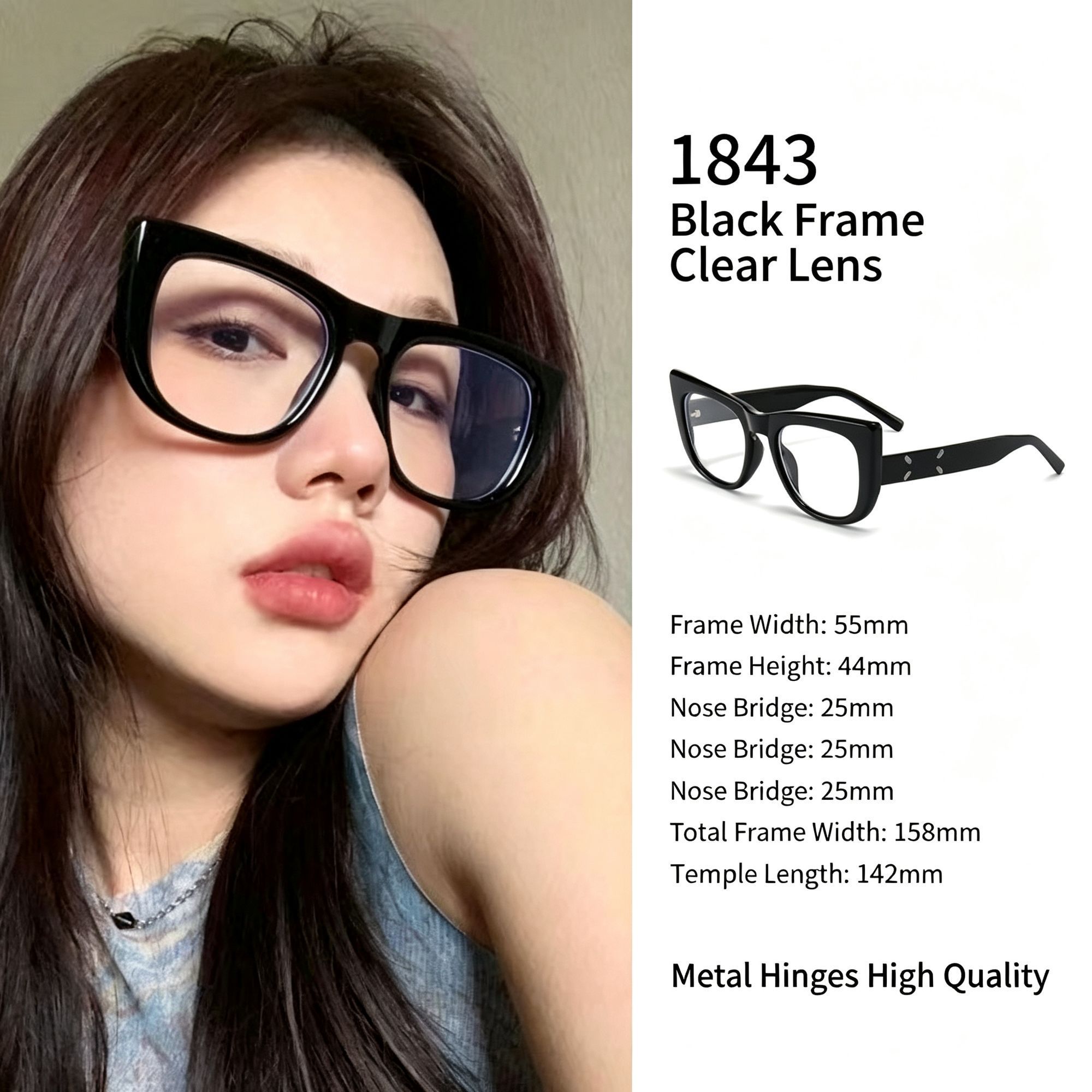 Bold Black Frame White Lens Cat Eye Sunglasses UV400 Blocking