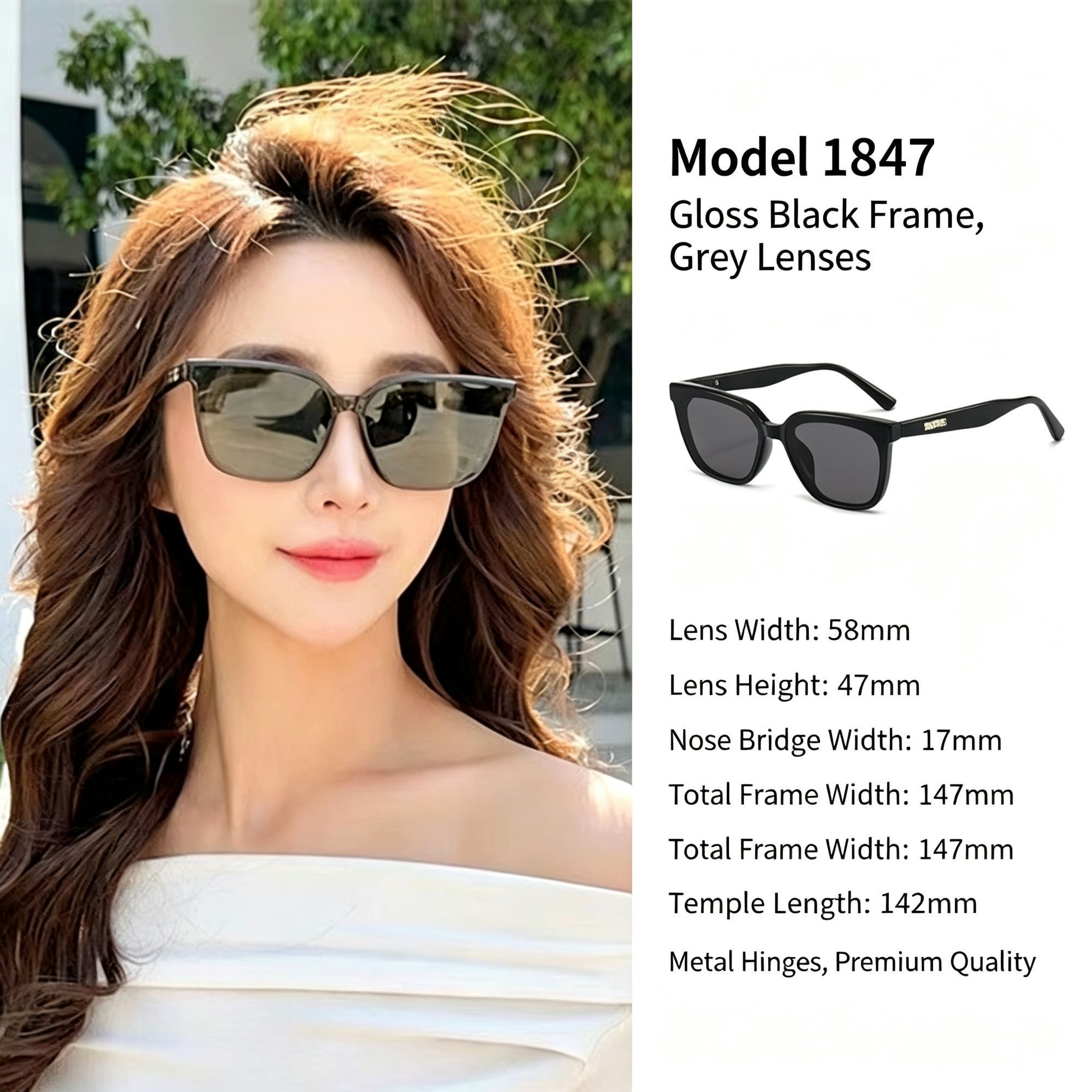 Glossy Jet Black Frame Grey Lens Cat Eye Sunglasses UV400 Blocking