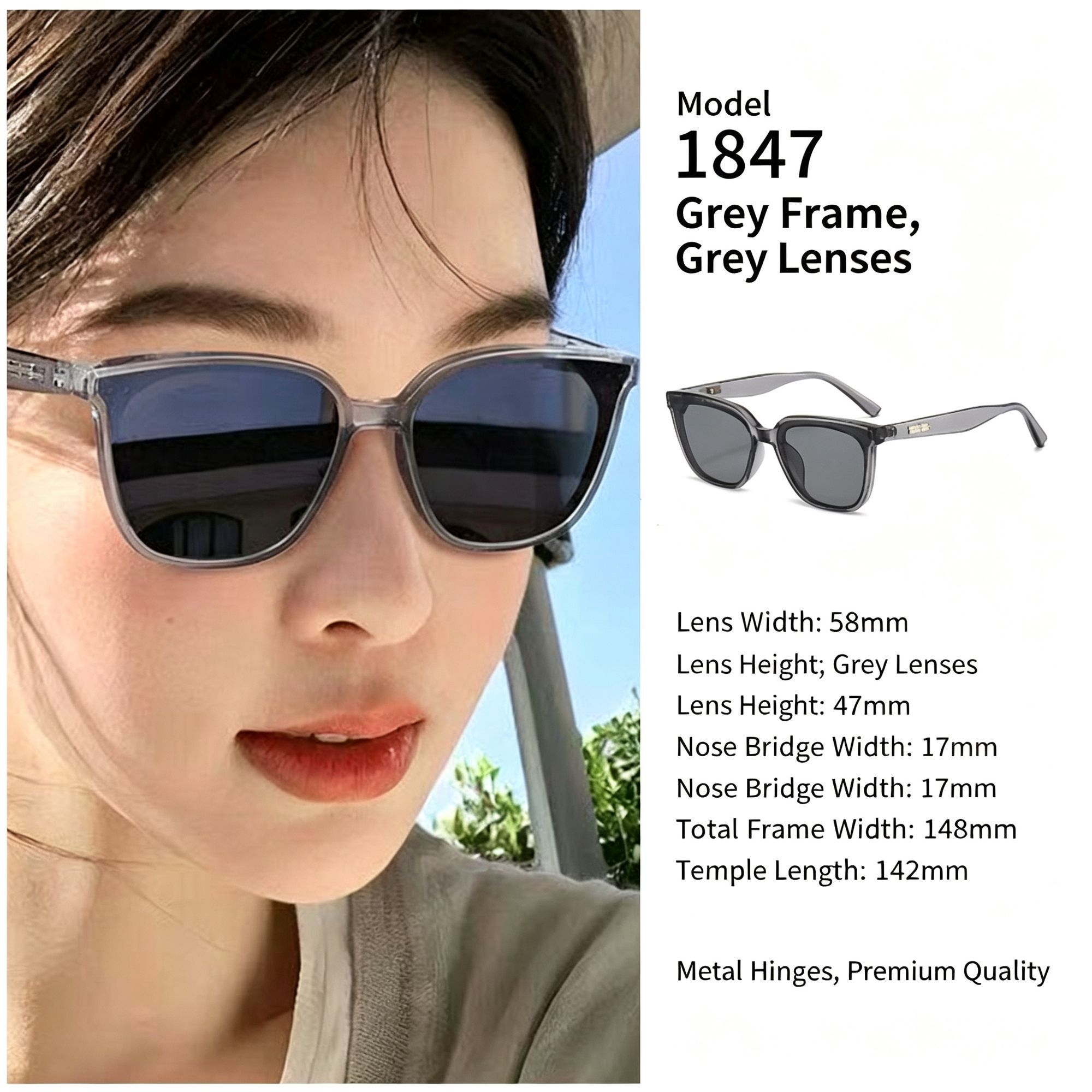 Understated Grey Frame Grey Lens Cat Eye Sunglasses UV400 Blocking