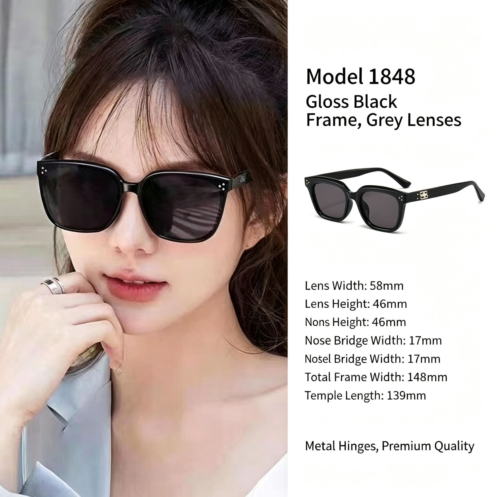 Glossy Jet Black Frame Grey Lens Cat Eye Sunglasses UV400