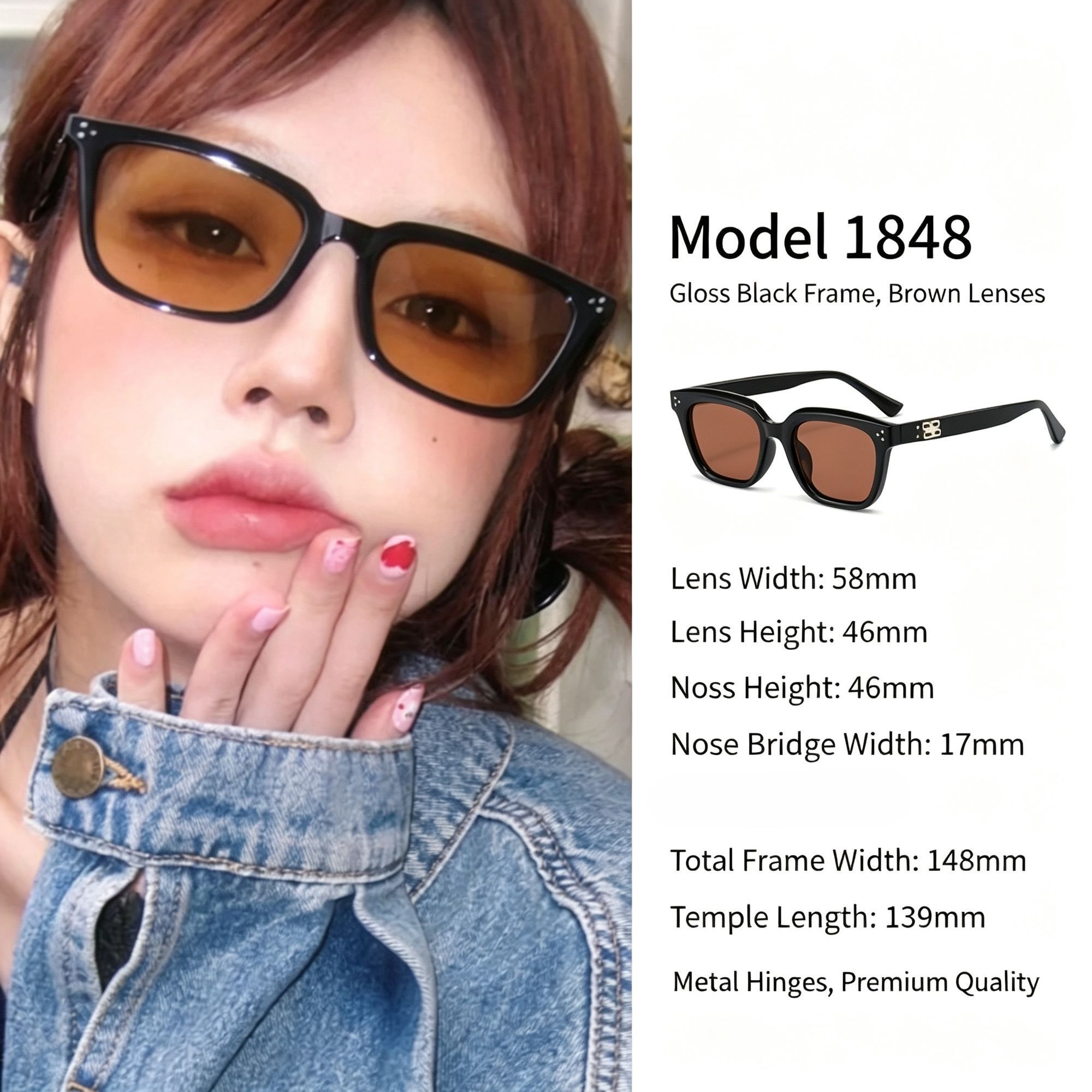 Glossy Black Frame Brown Lens Cat Eye Sunglasses UV400 Blocking