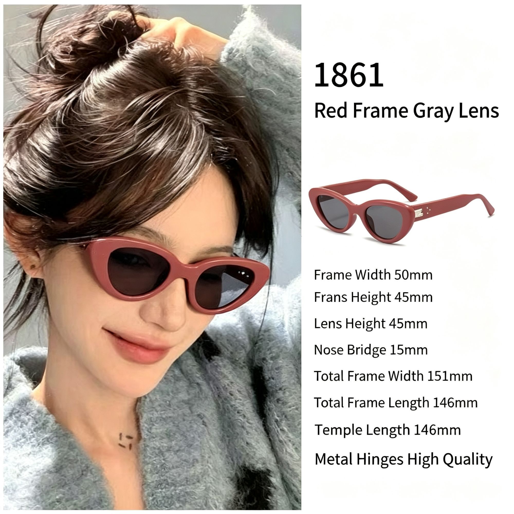 Bold Red Frame Grey Lens Cat Eye Sunglasses UV400